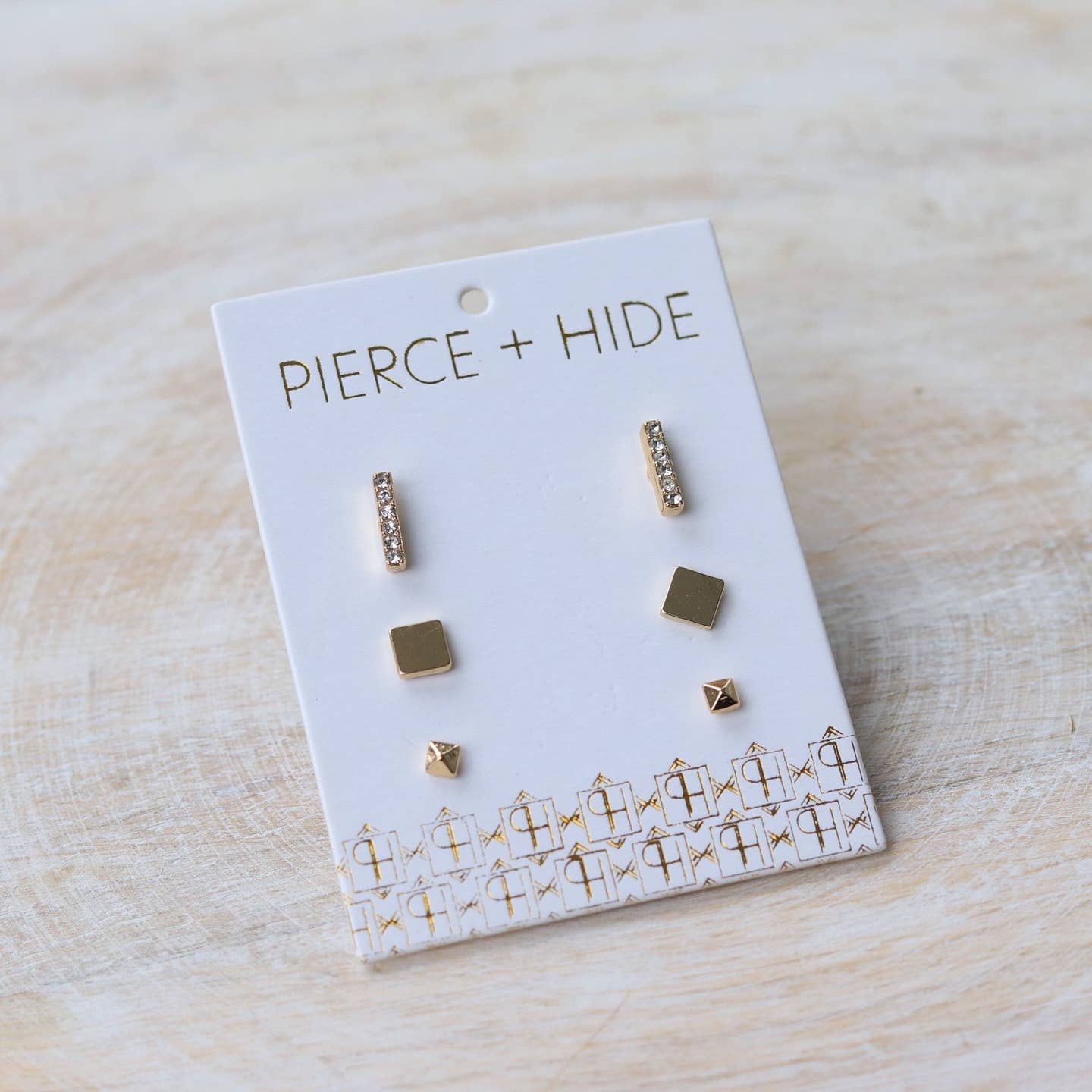 Pierce + Hide: Bar and Square Stud Trio Earrings