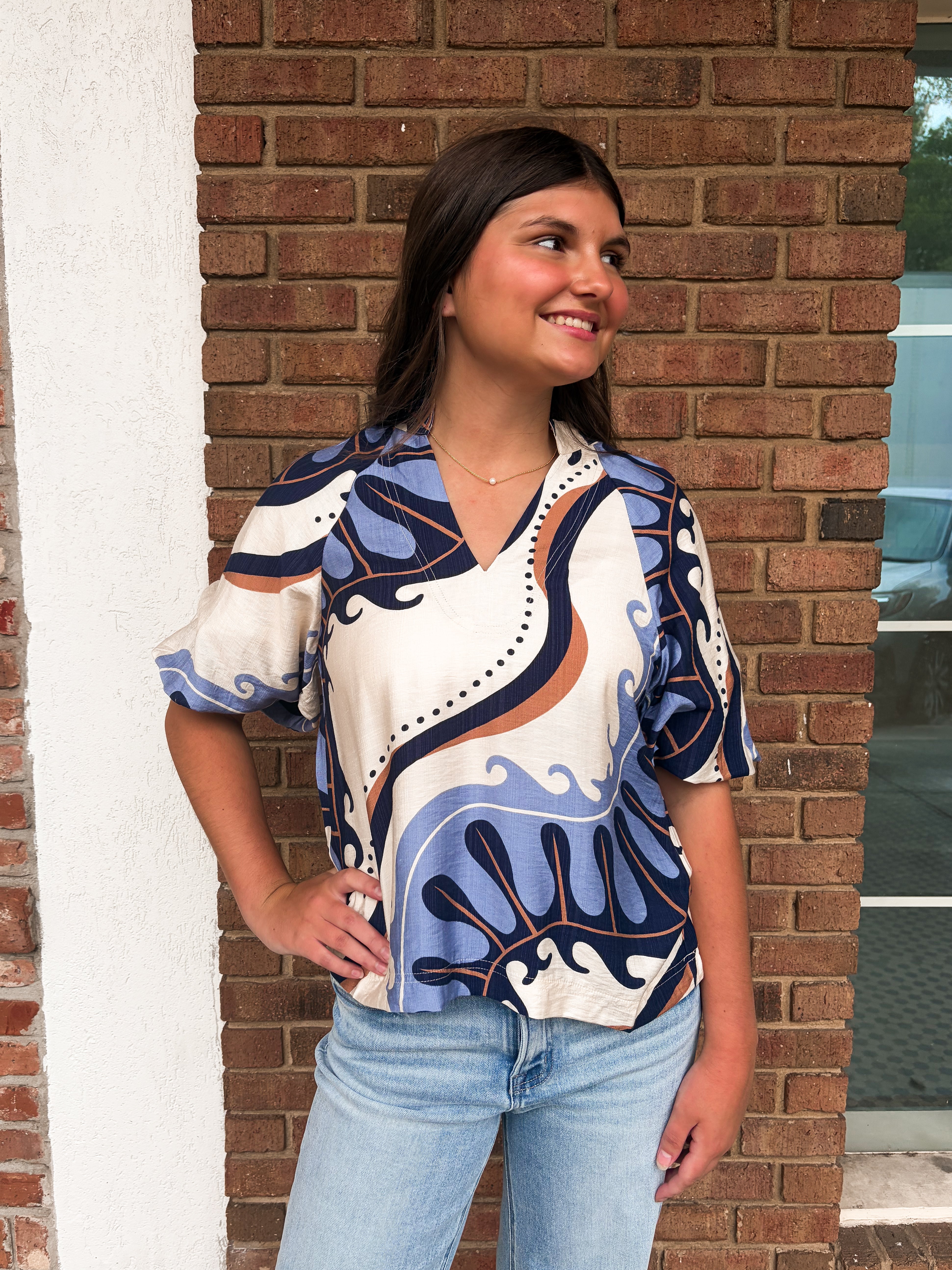 THML: Navy Abstract Puff Sleeve Top