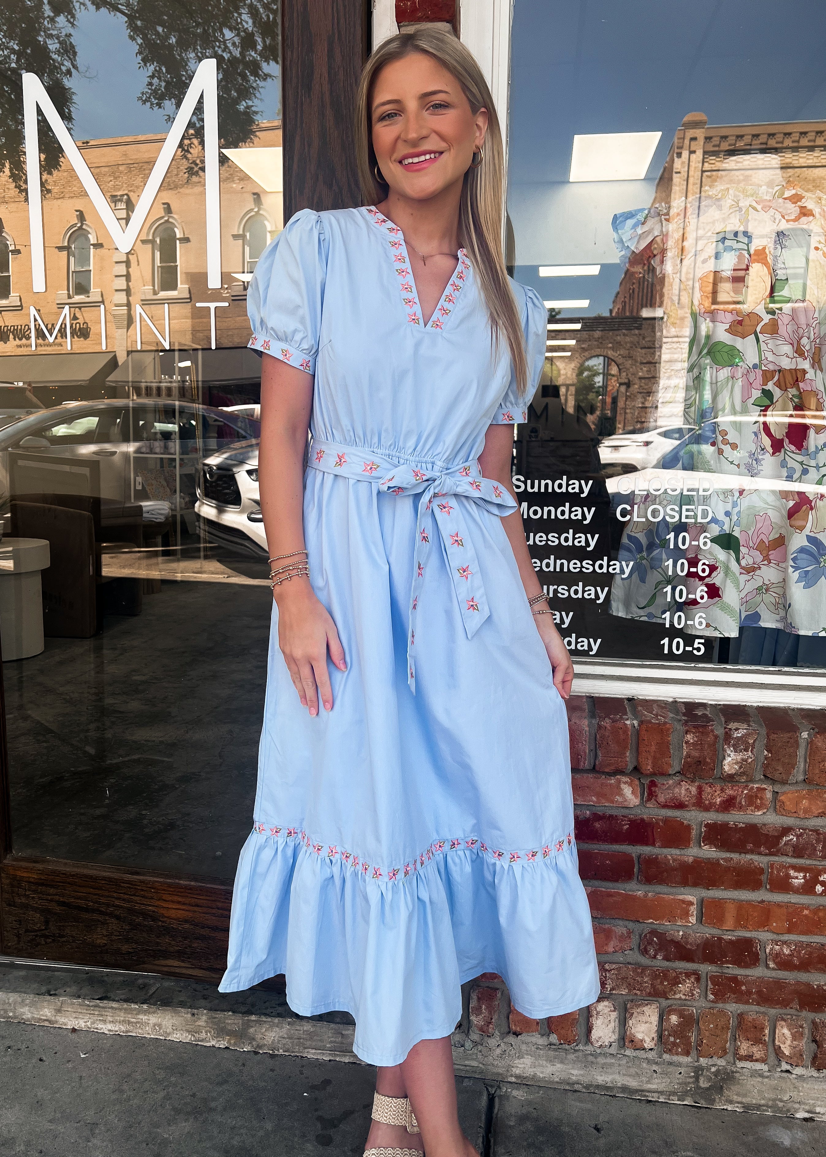 Eve Floral Embroidery Belted Midi Dress