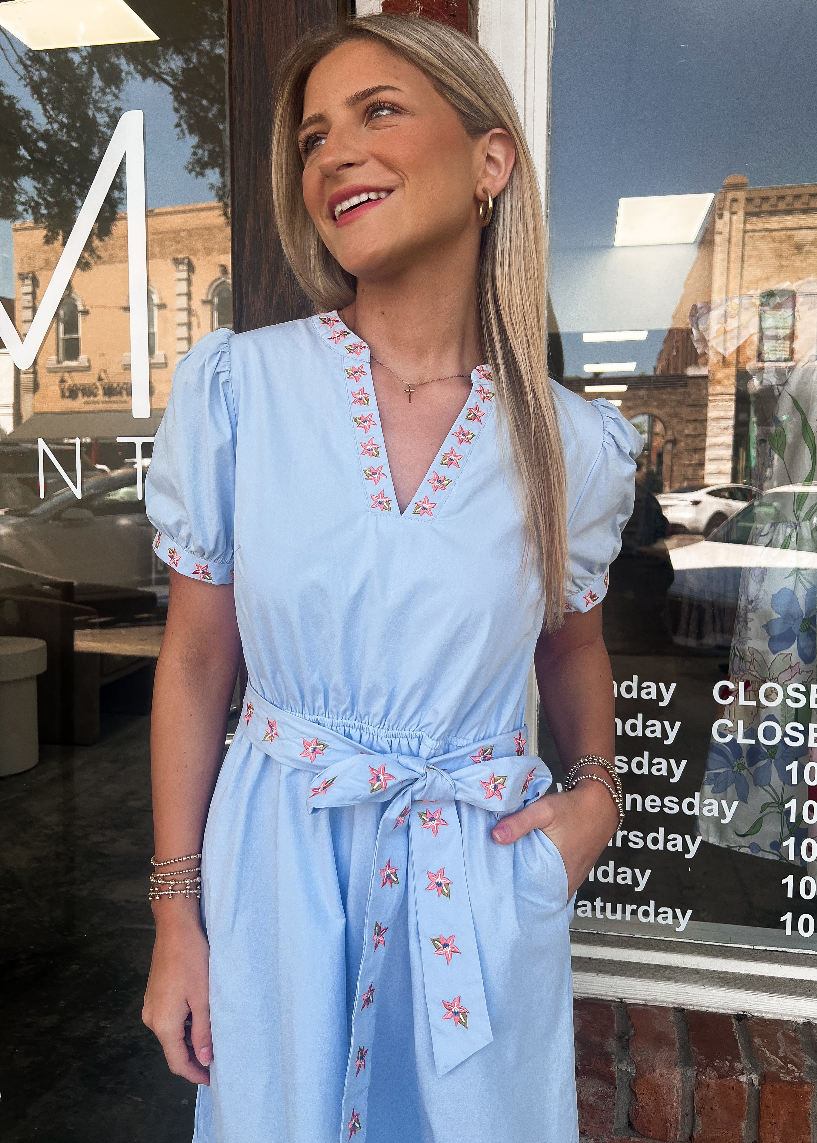 Eve Floral Embroidery Belted Midi Dress
