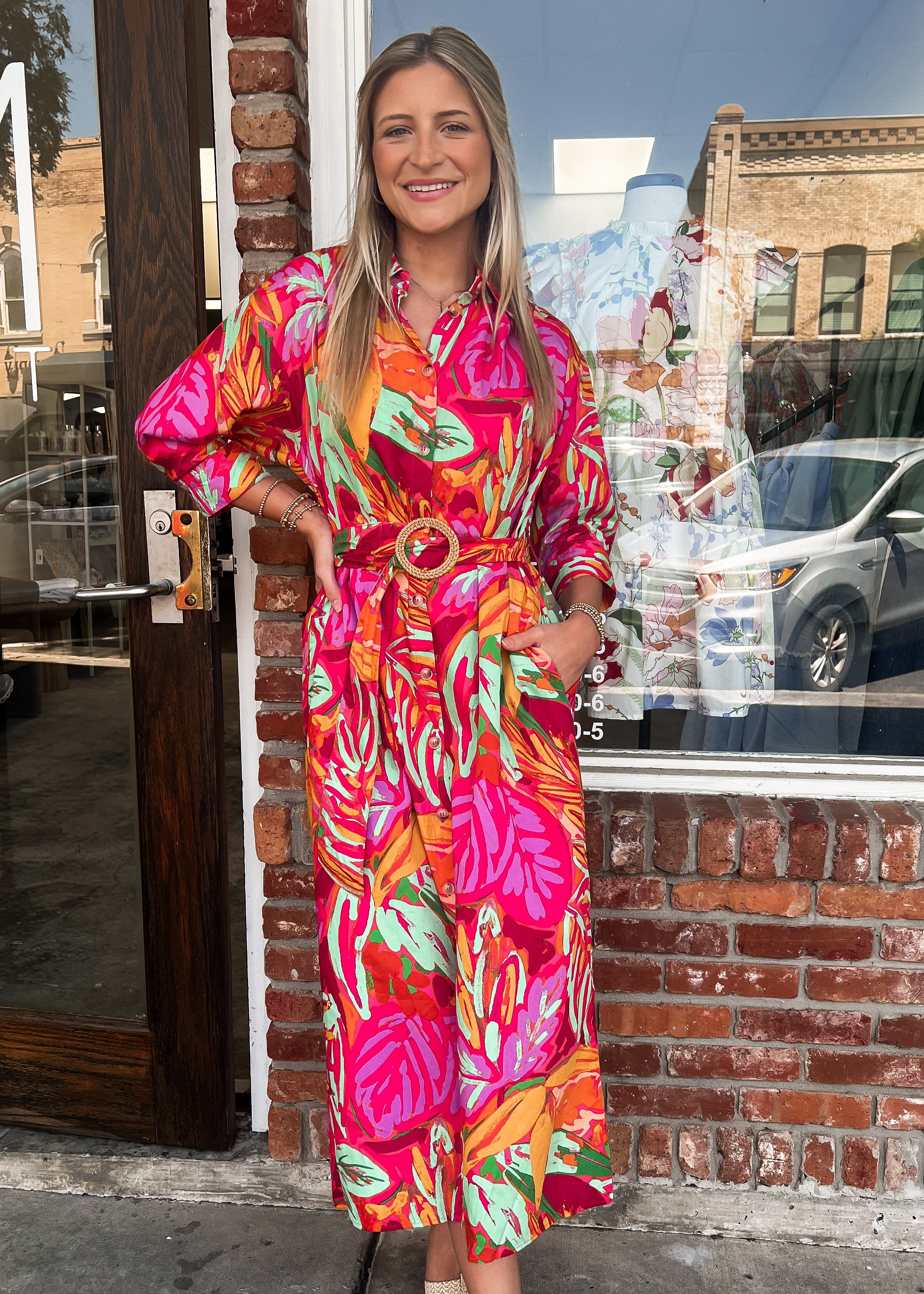 Karlie: Abstract Tropical Palm Shirt Dress