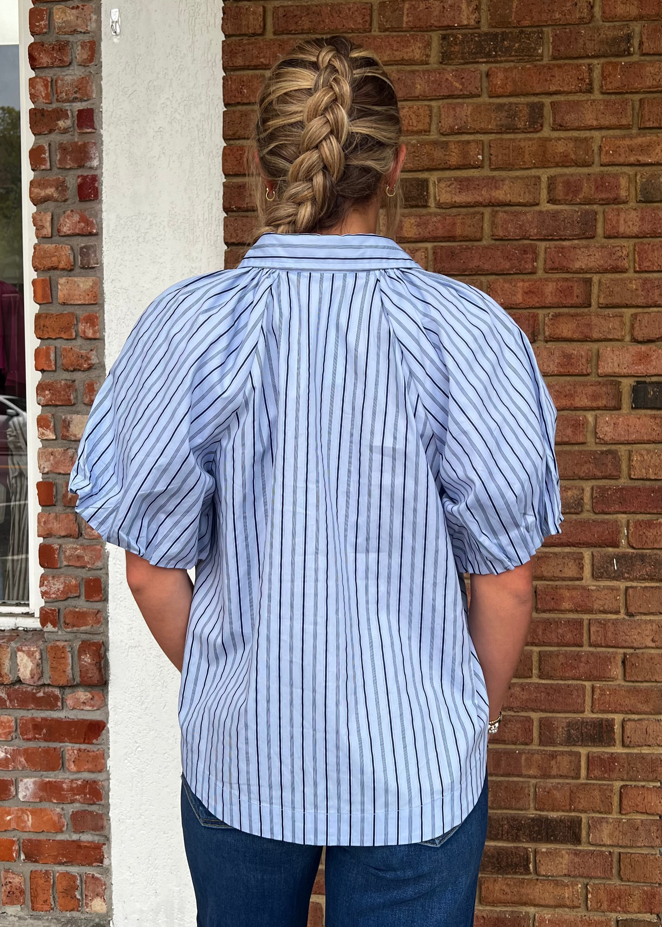 Karlie: Stripe Poplin Bubble Sleeve Top