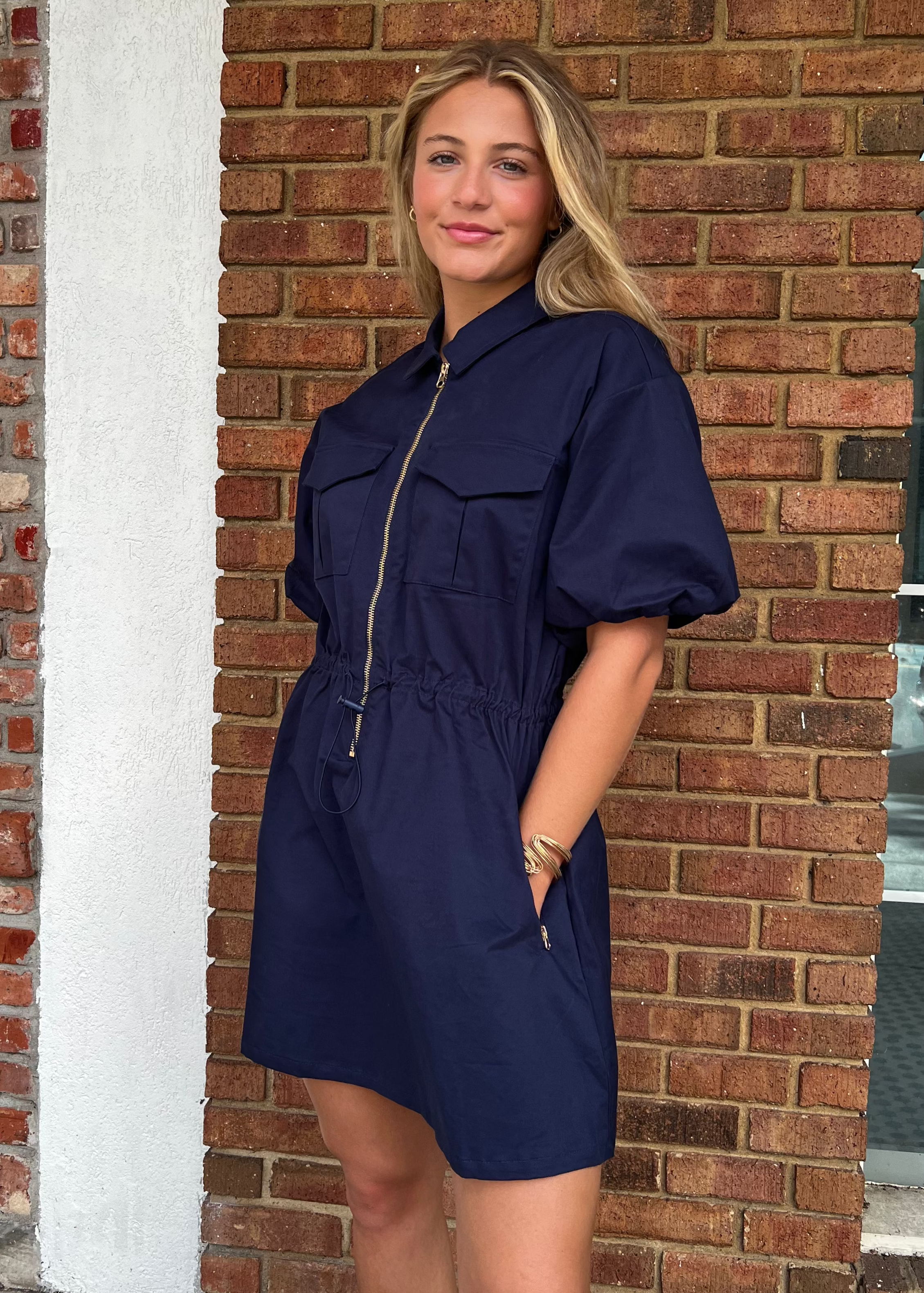 THML: Half Zip Drawstring Puff Sleeve Dress