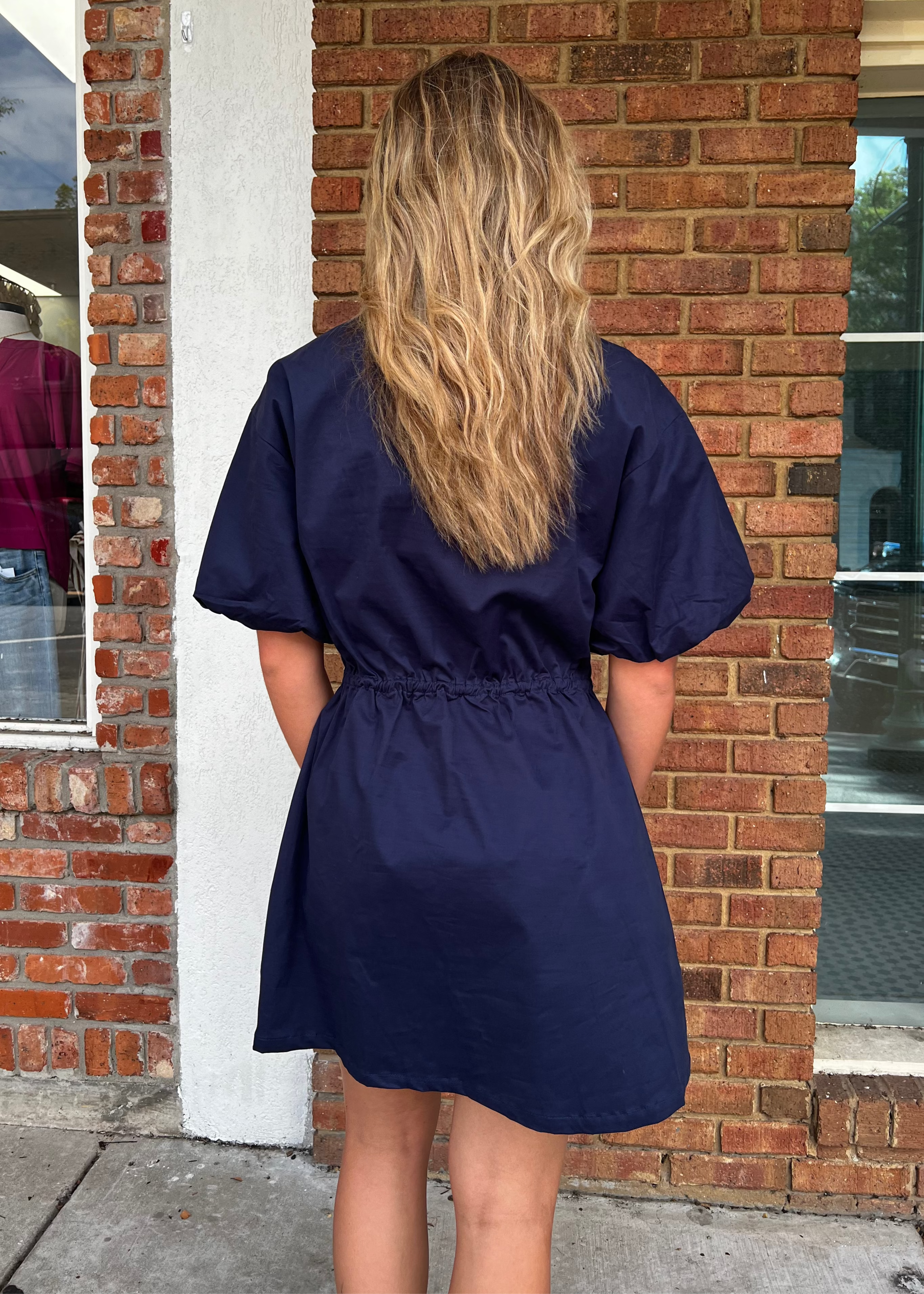 THML: Half Zip Drawstring Puff Sleeve Dress