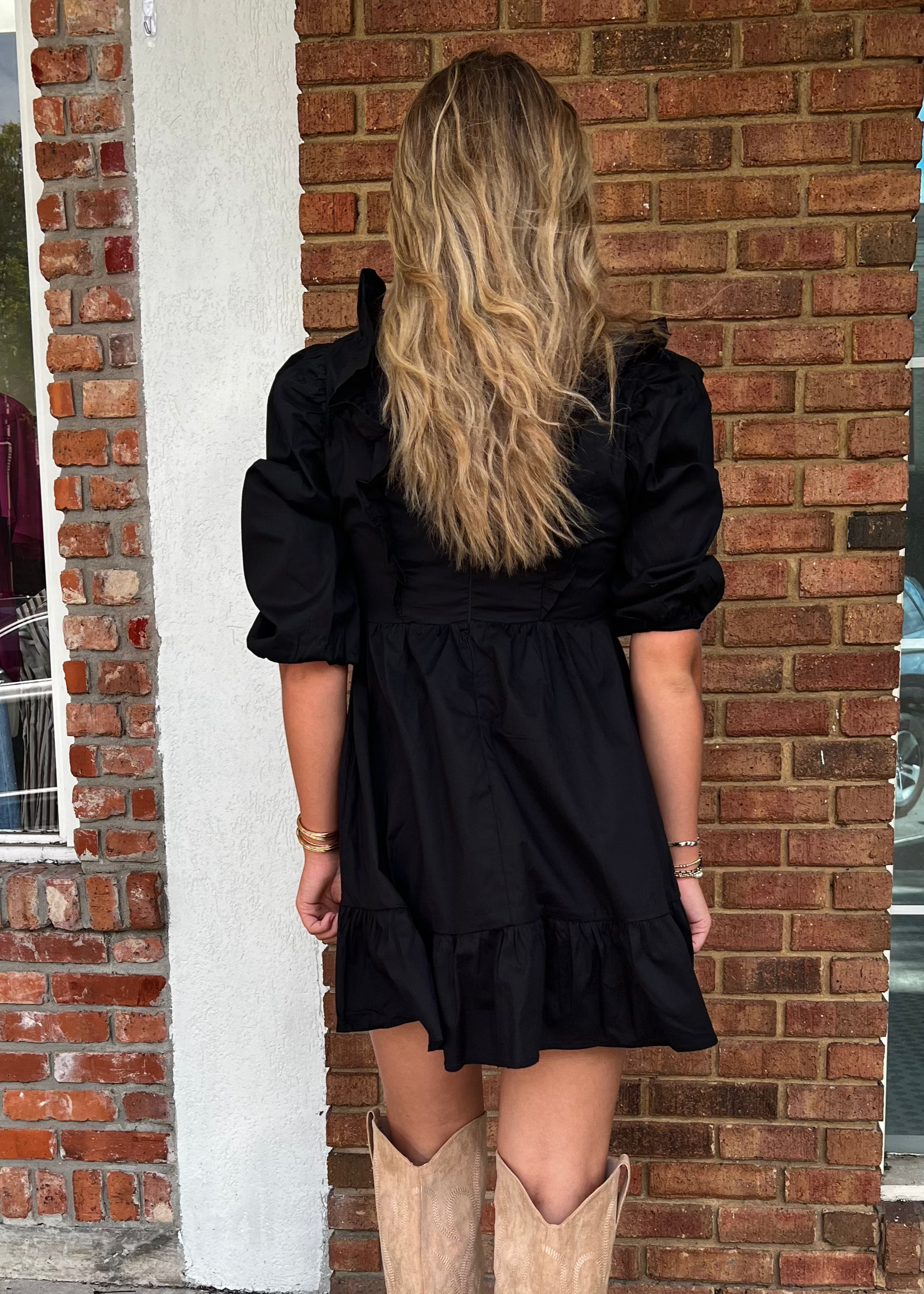 Karlie: Black Poplin Ruffle Dress