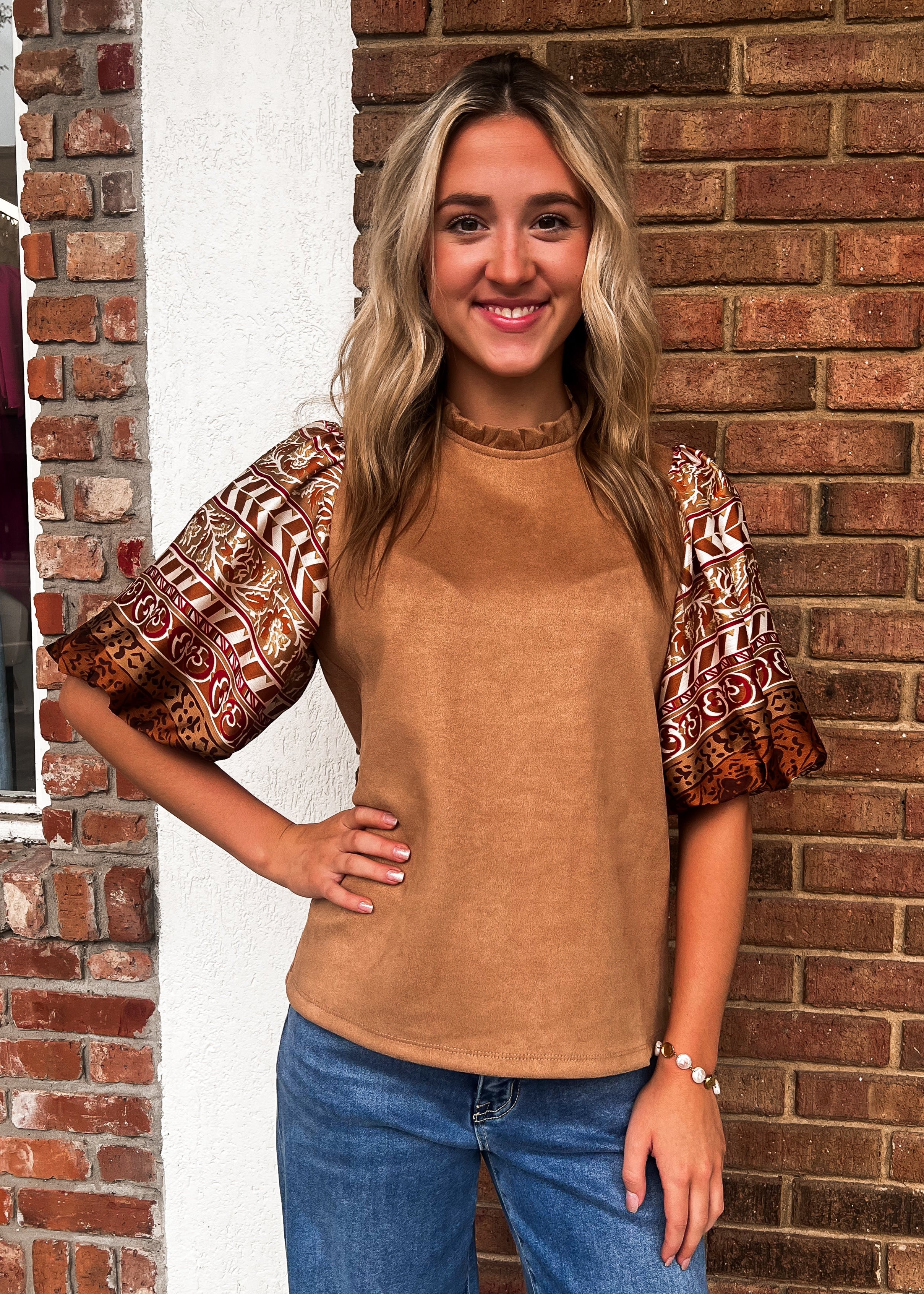 THML: Printed Puff Sleeve Ruffle Neck Top