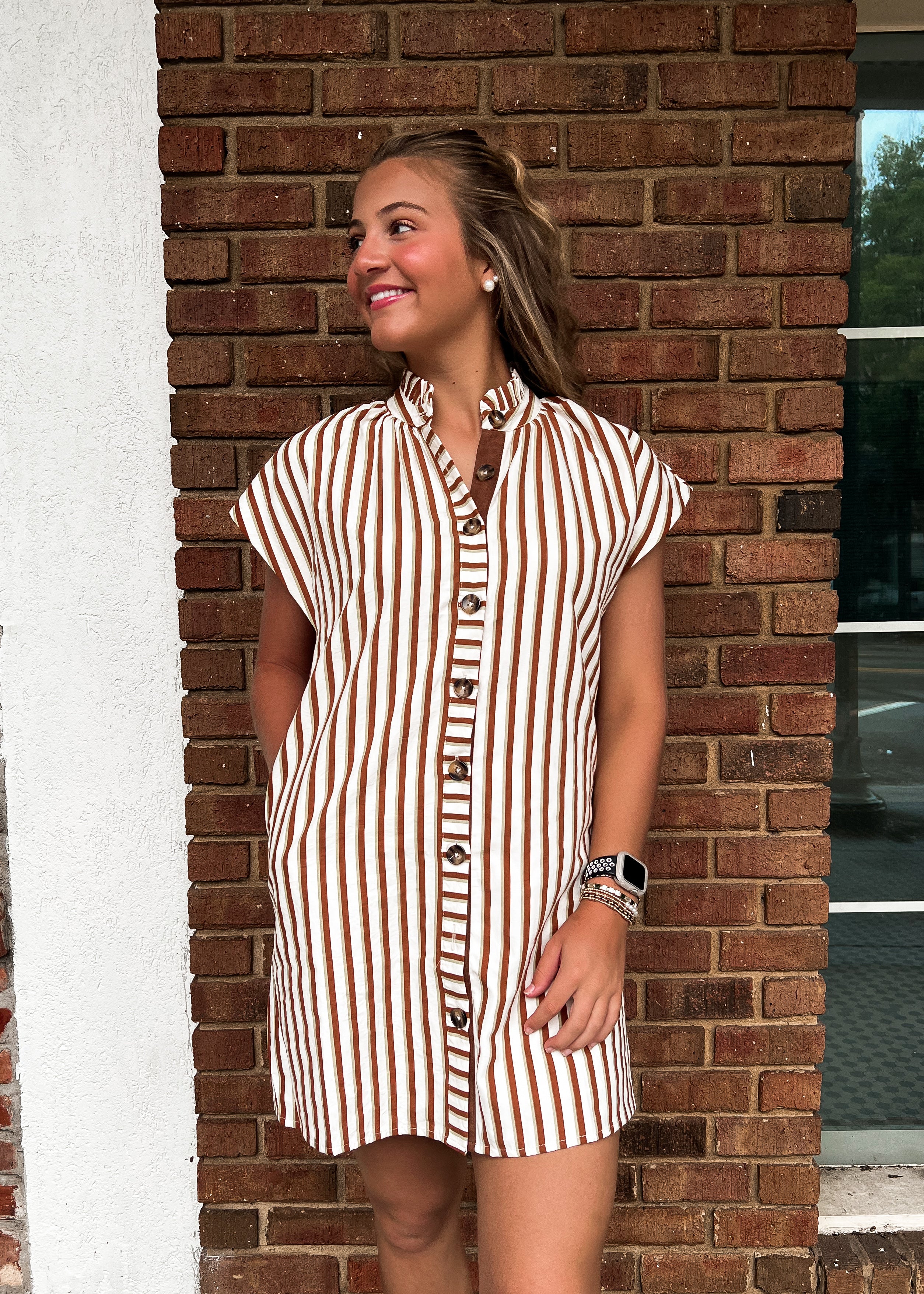 THML: Ruffle Neck Stripe Button Dress