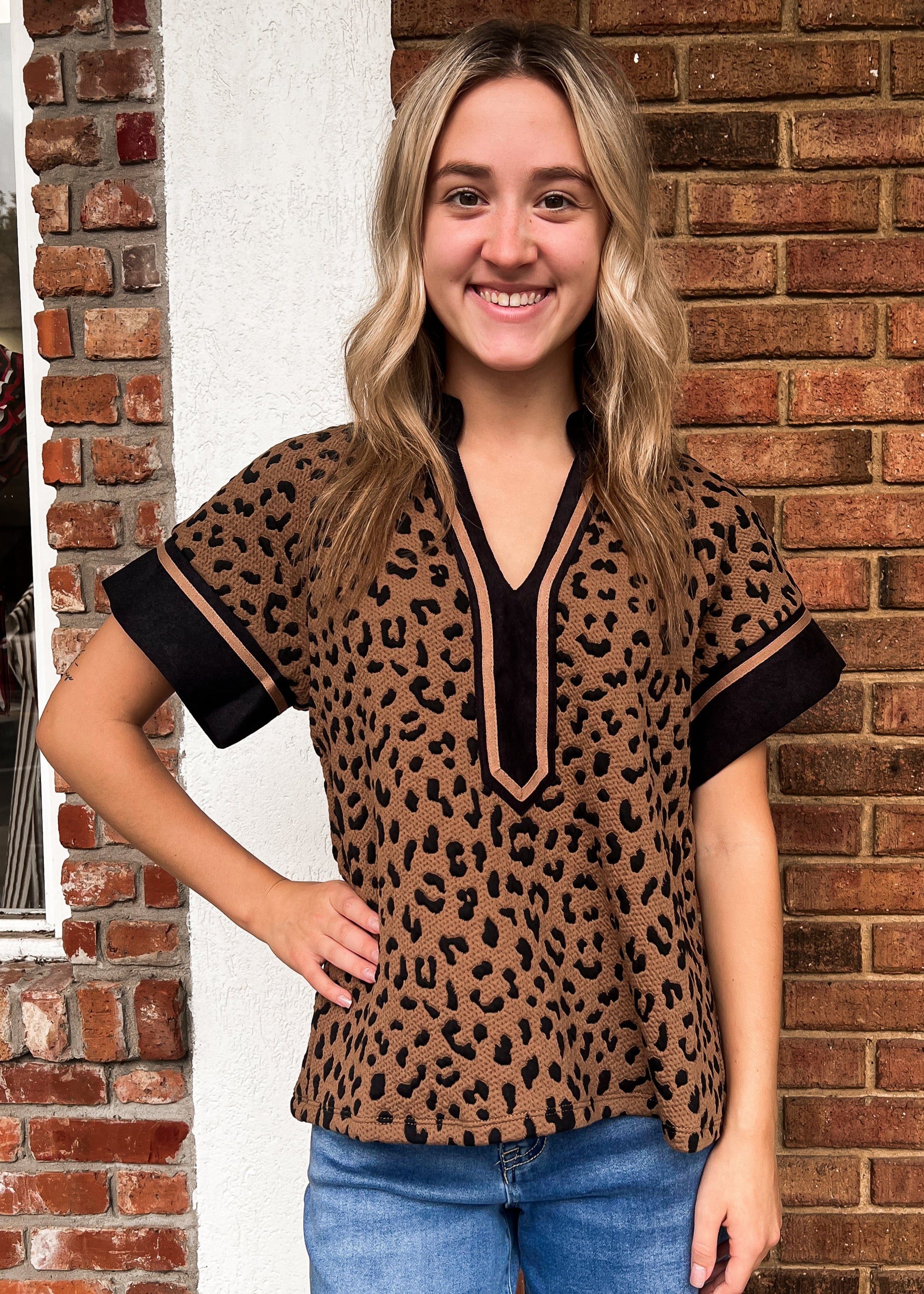 THML: Cheetah Print V Neck Top
