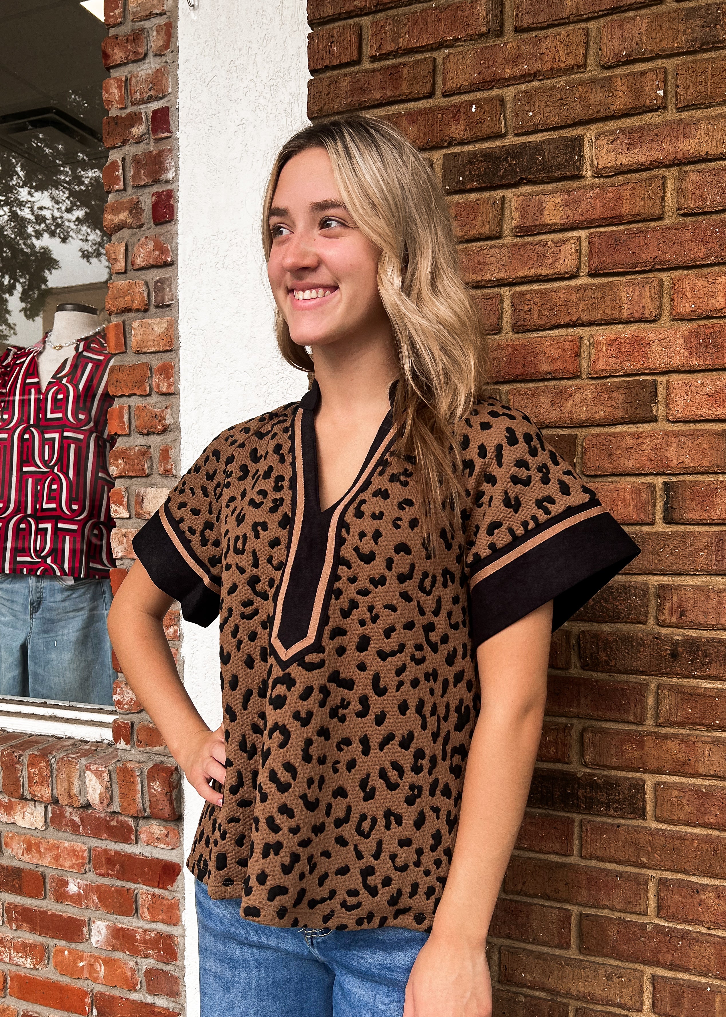 THML: Cheetah Print V Neck Top