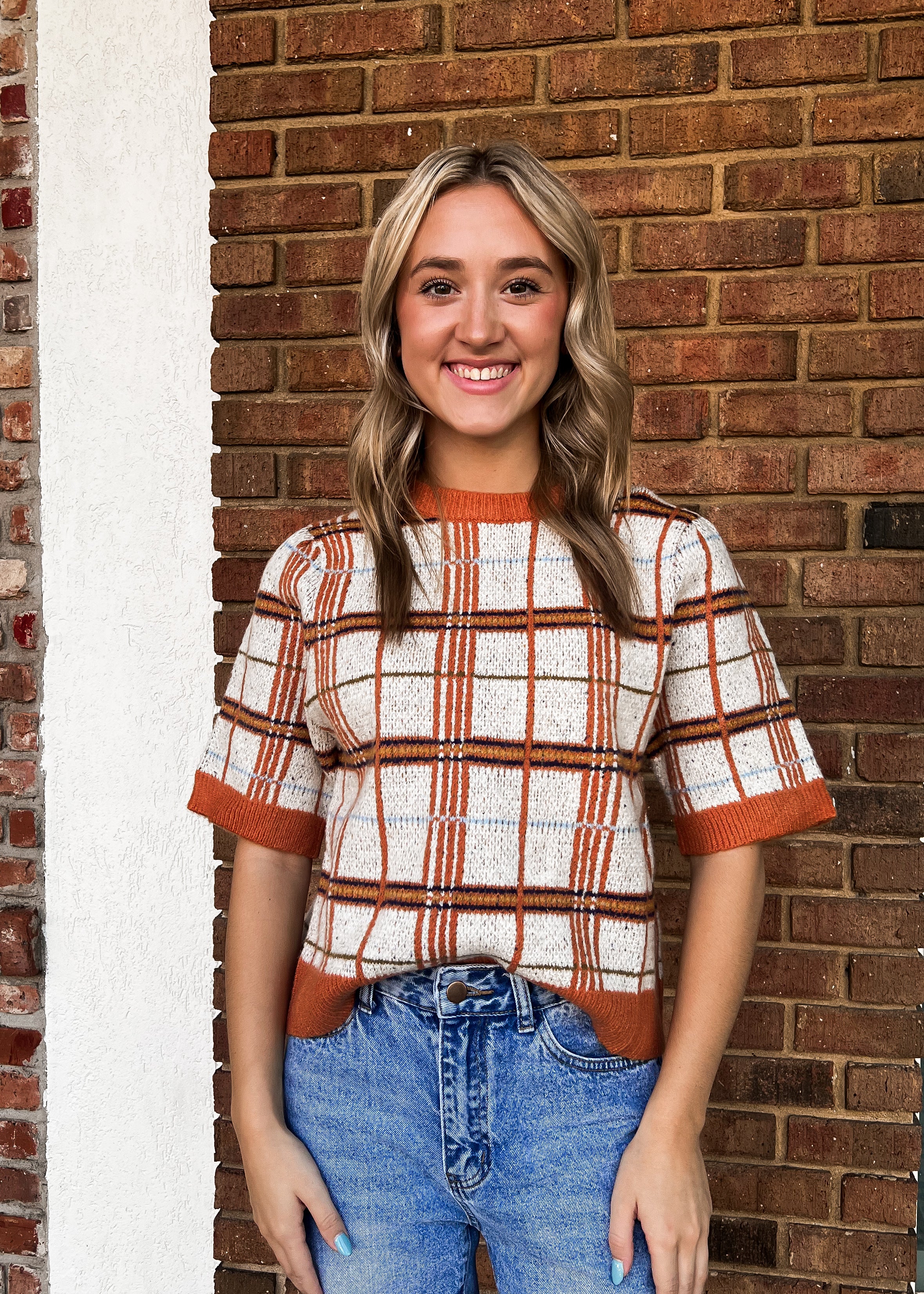 THML: Plaid Half Sleeve Knit Top
