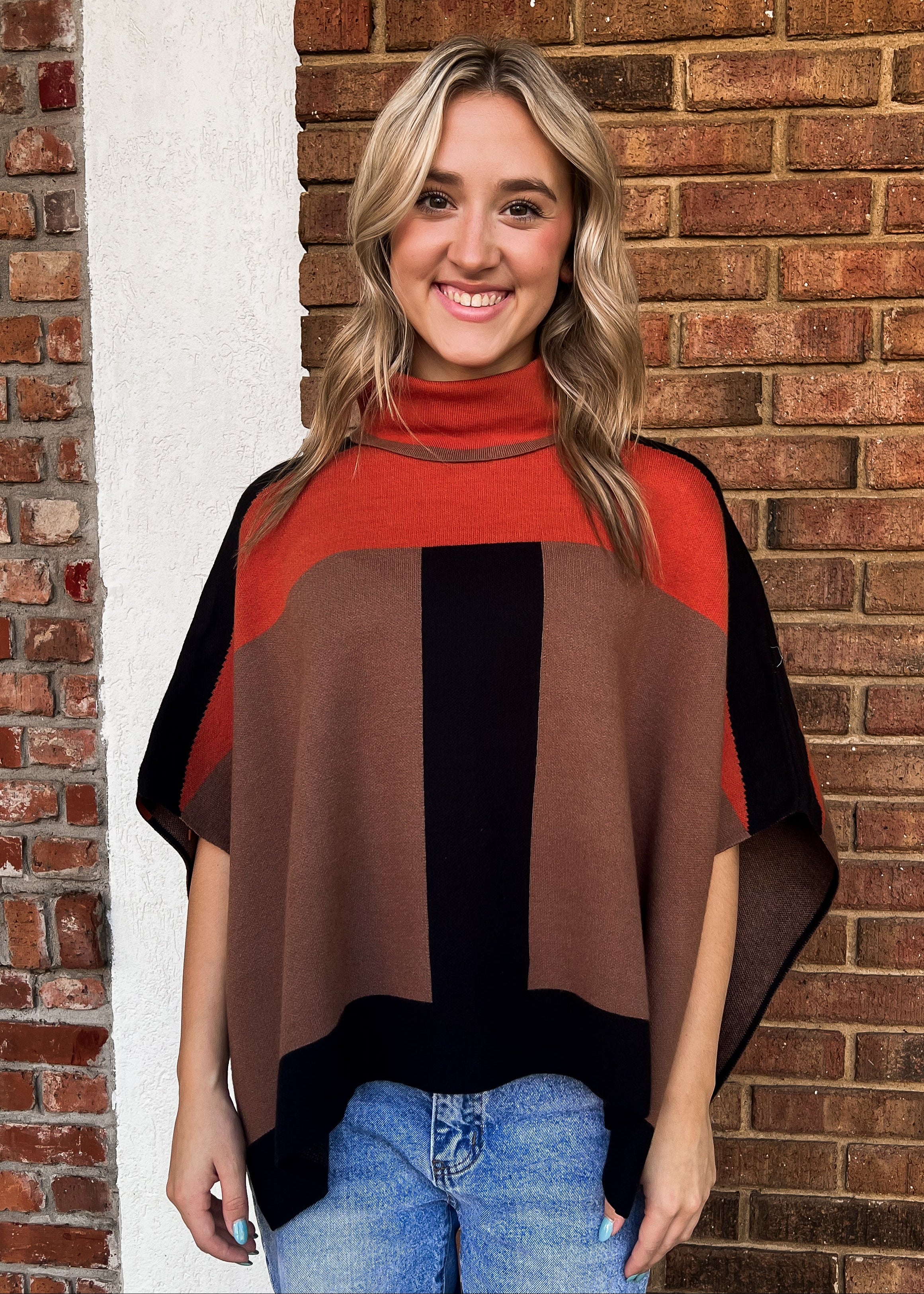 THML: Colorblock Turtleneck Knit Poncho