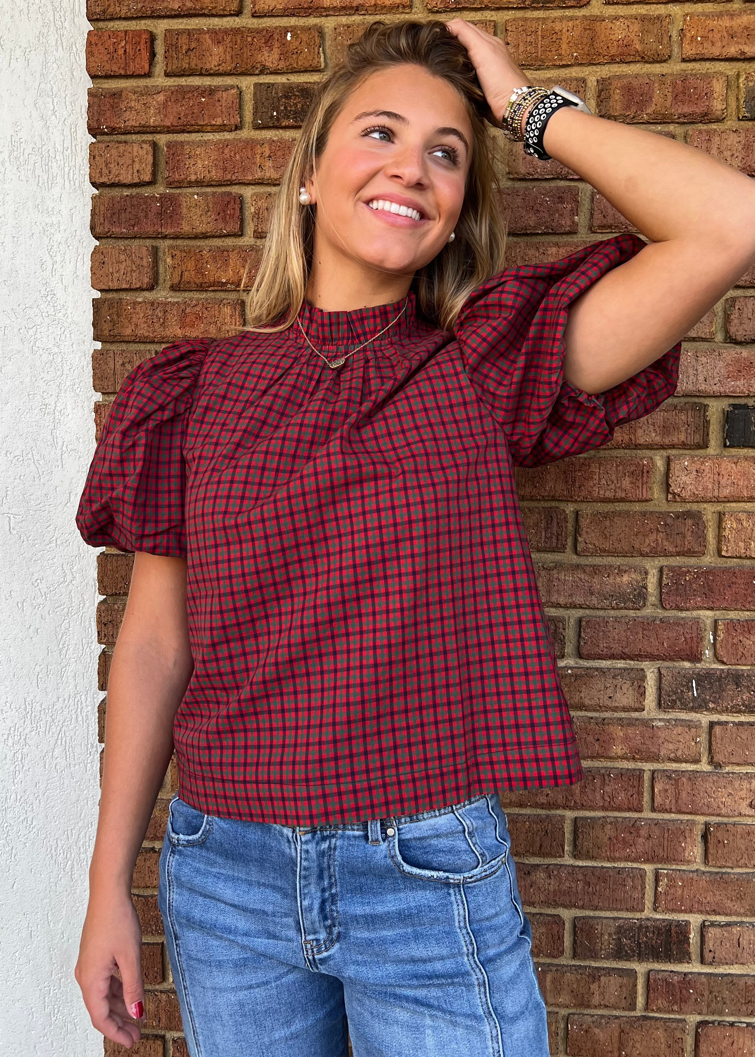 Percy Plaid Ruffled Mock Neck Blouse