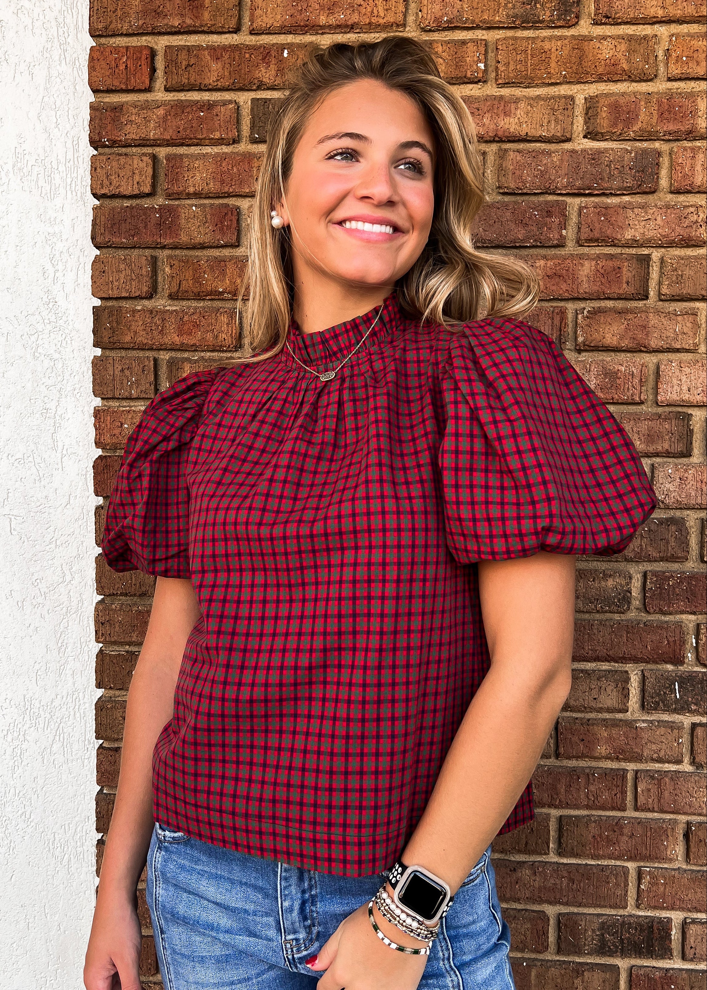 Percy Plaid Ruffled Mock Neck Blouse