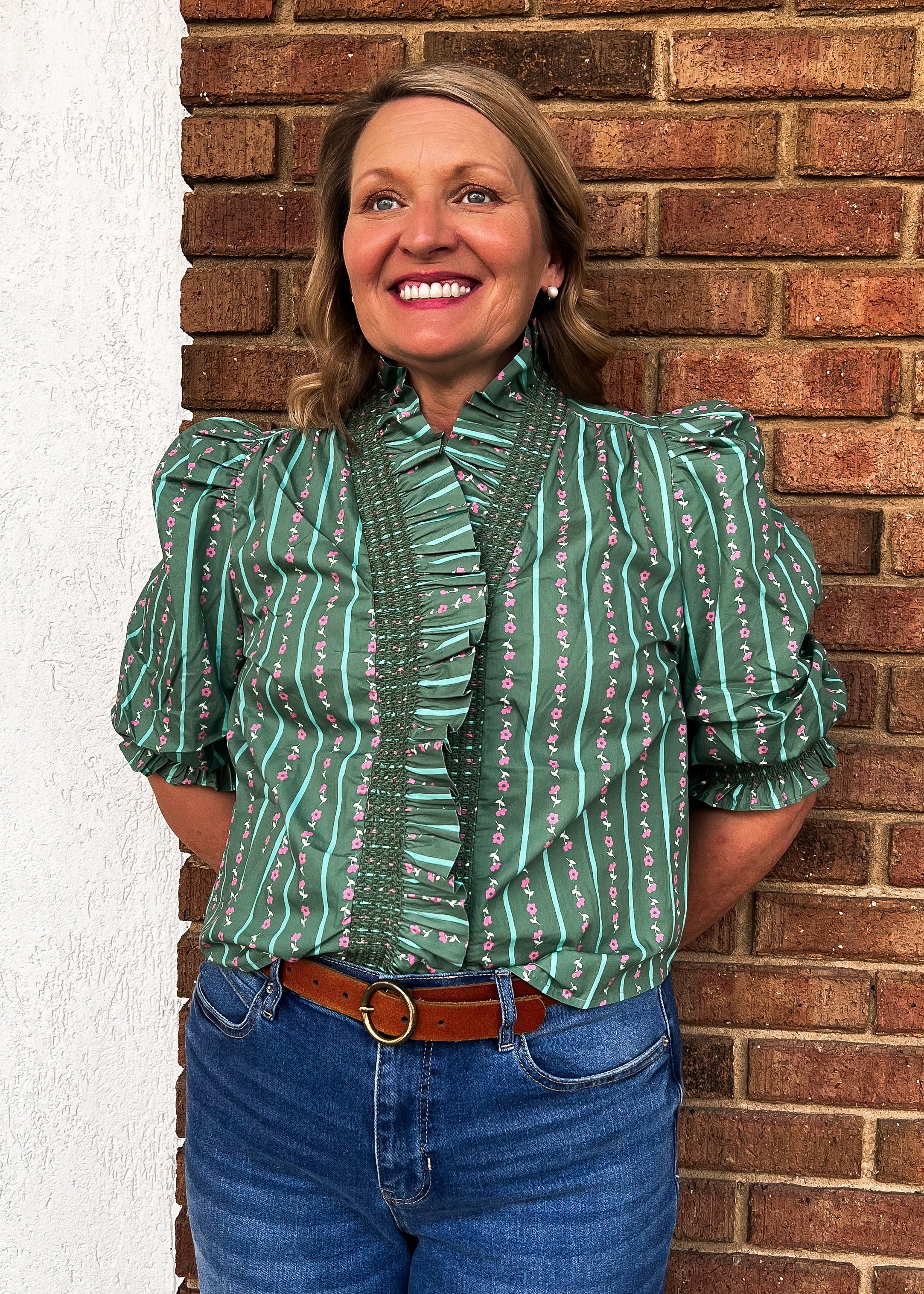 Karlie: Floral Ditzy Stripe Ruffle Top