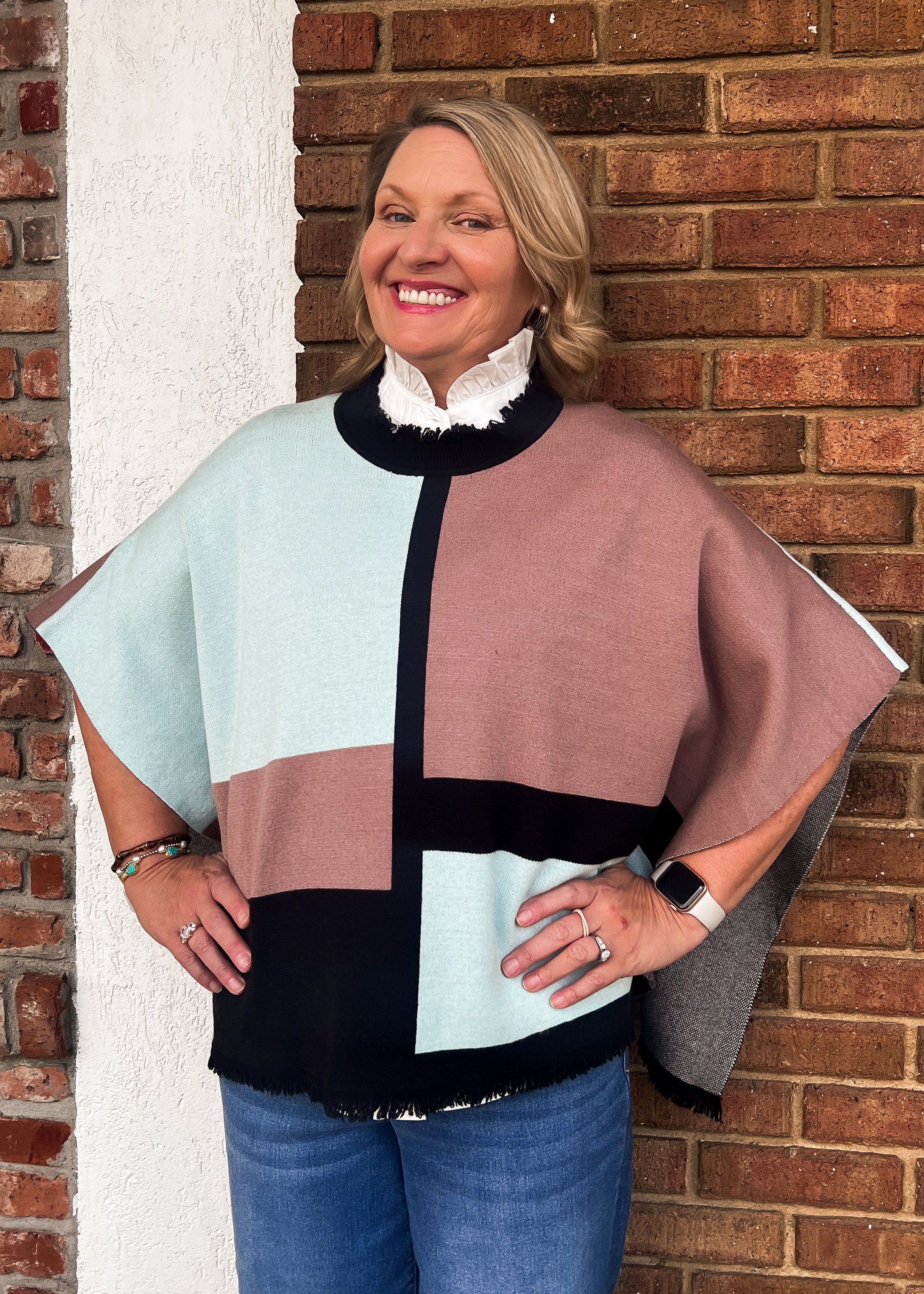 THML: Colorblock Fringe Trim Poncho