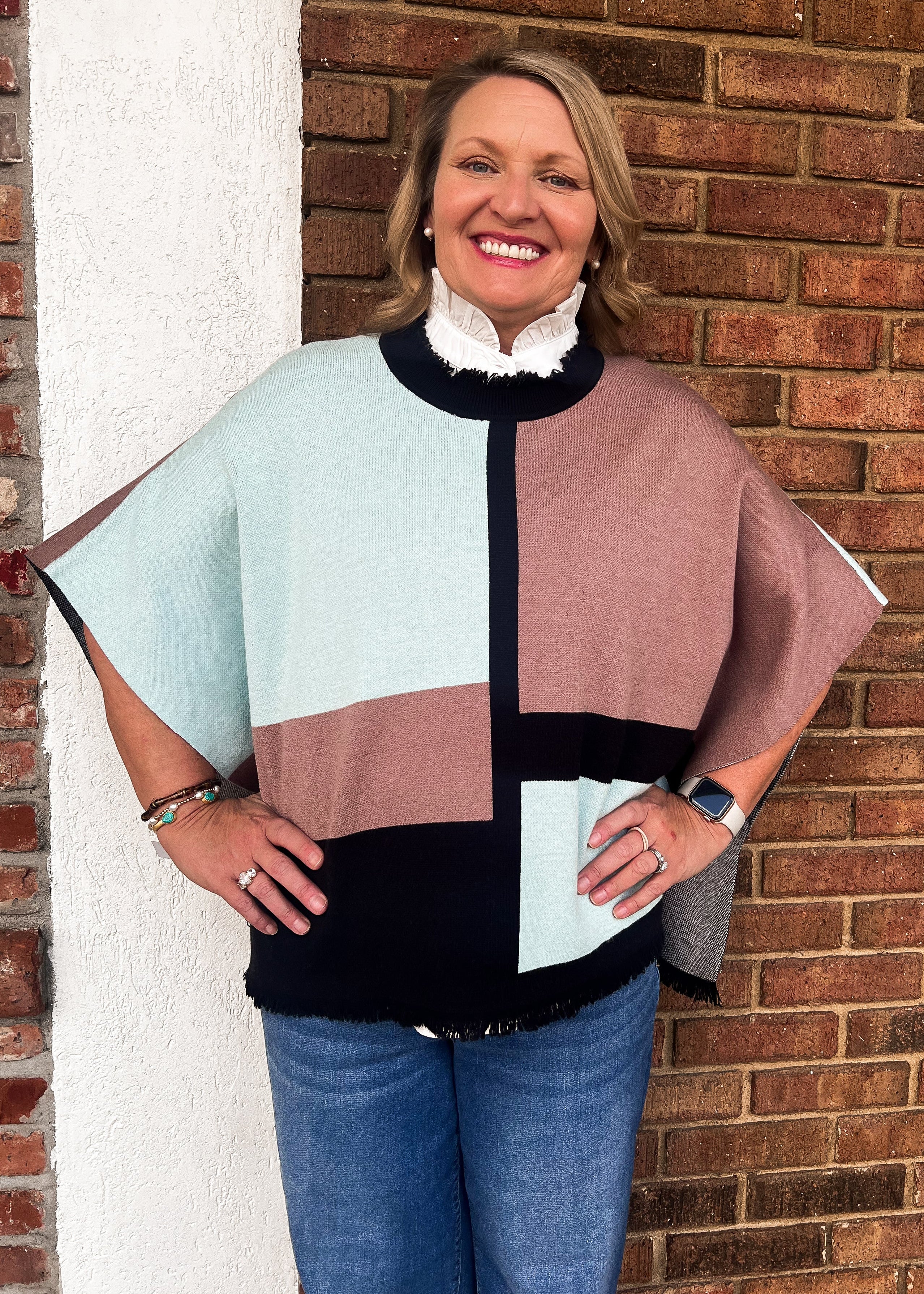 THML: Colorblock Fringe Trim Poncho
