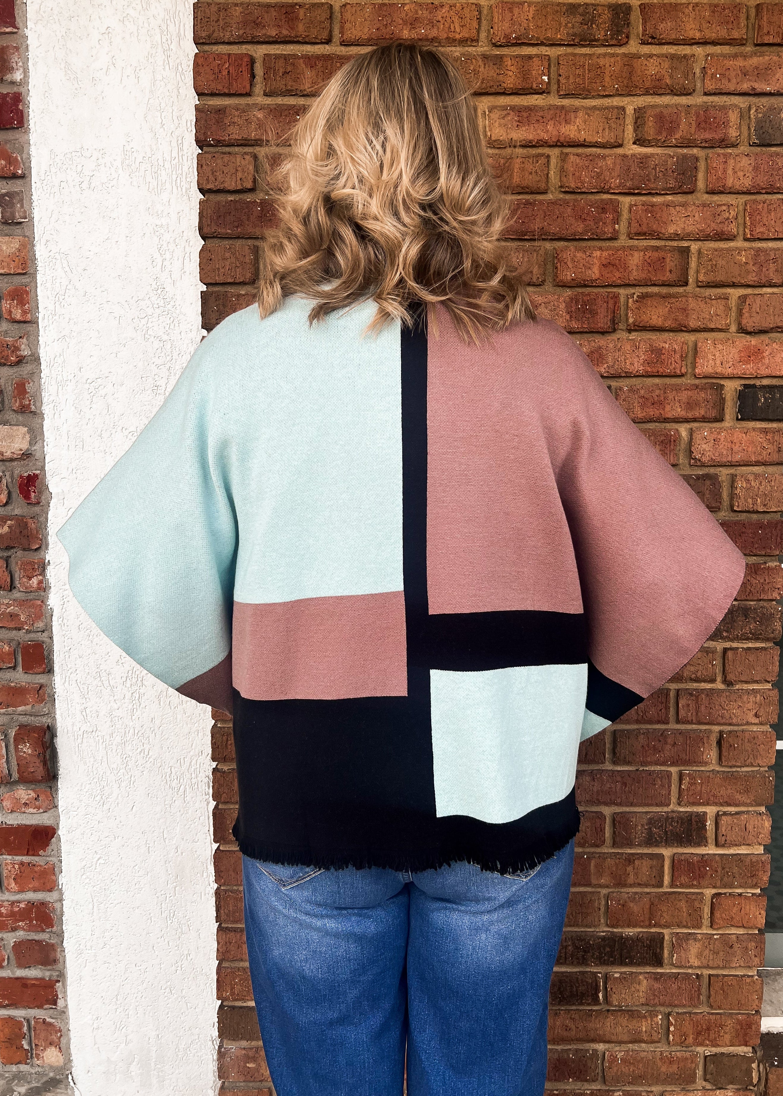 THML: Colorblock Fringe Trim Poncho