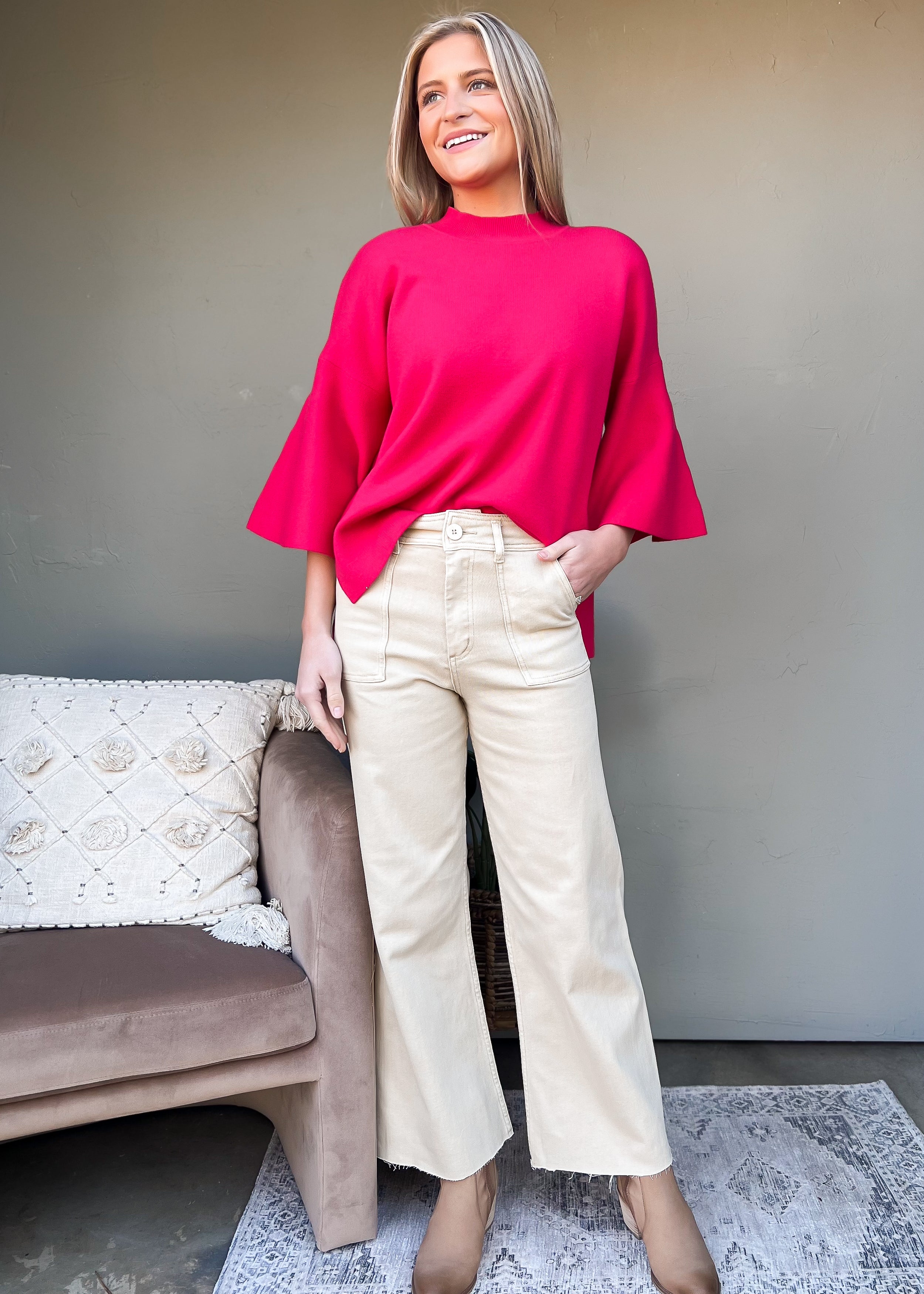 NEW COLOR: Straight Wide Leg Pants with Front Pockets, Beige