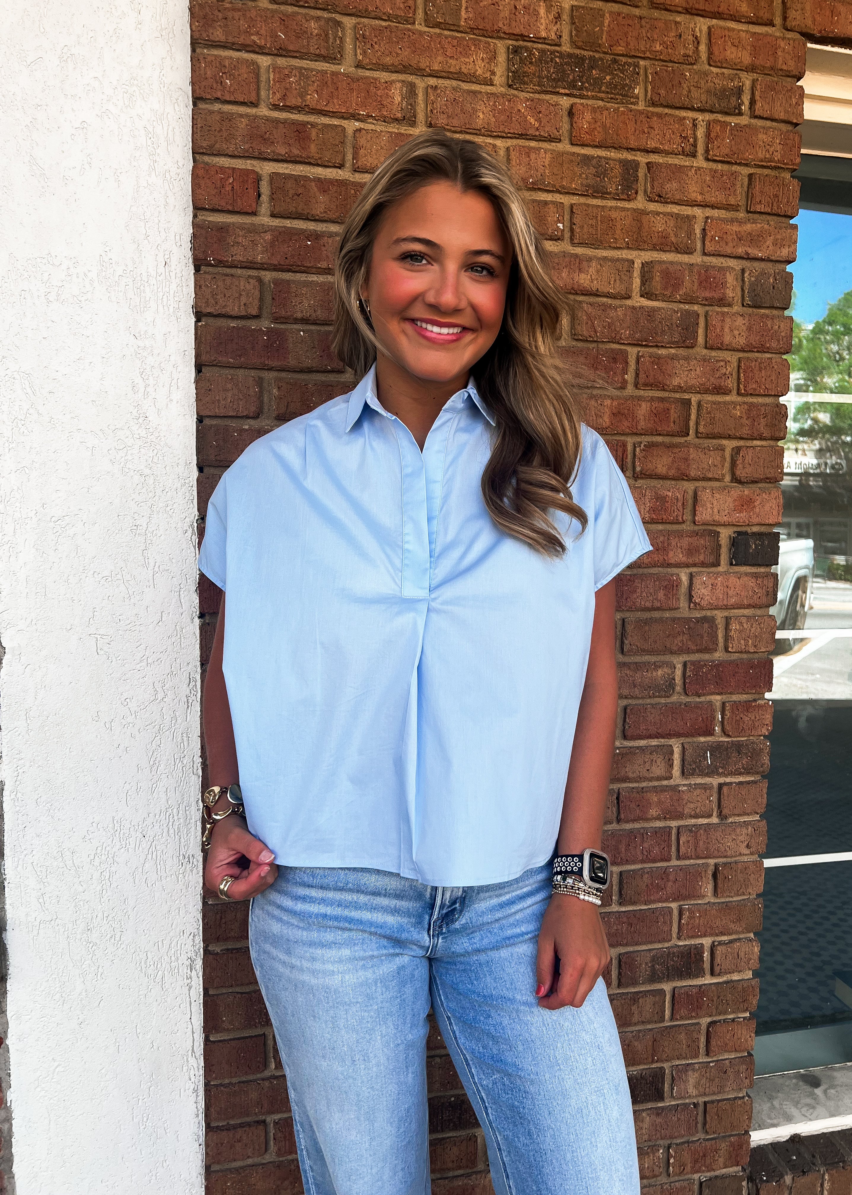 Karlie: Solid Poplin Collar V-neck Top-Blue