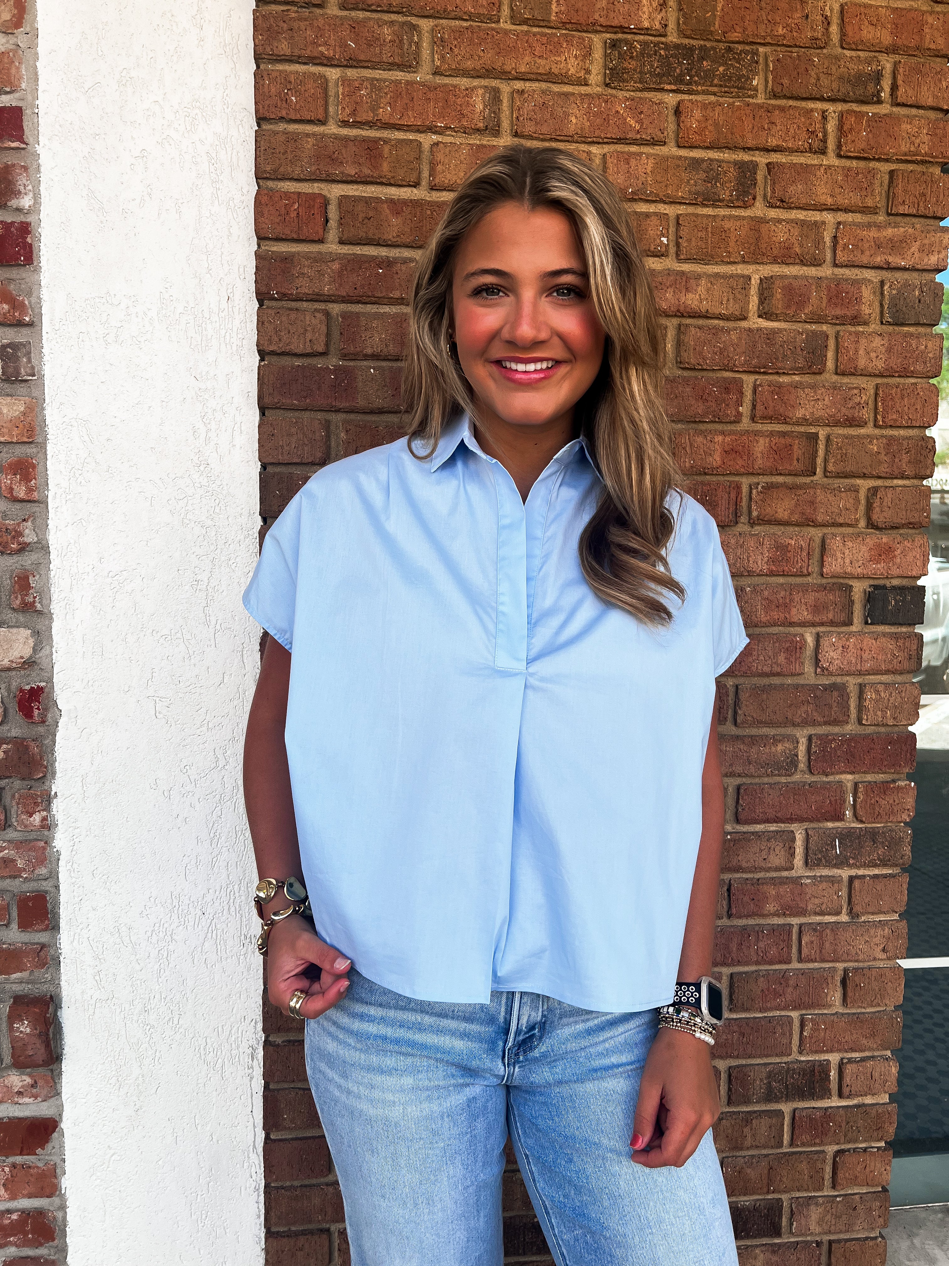 Karlie: Solid Poplin Collar V-neck Top-Blue