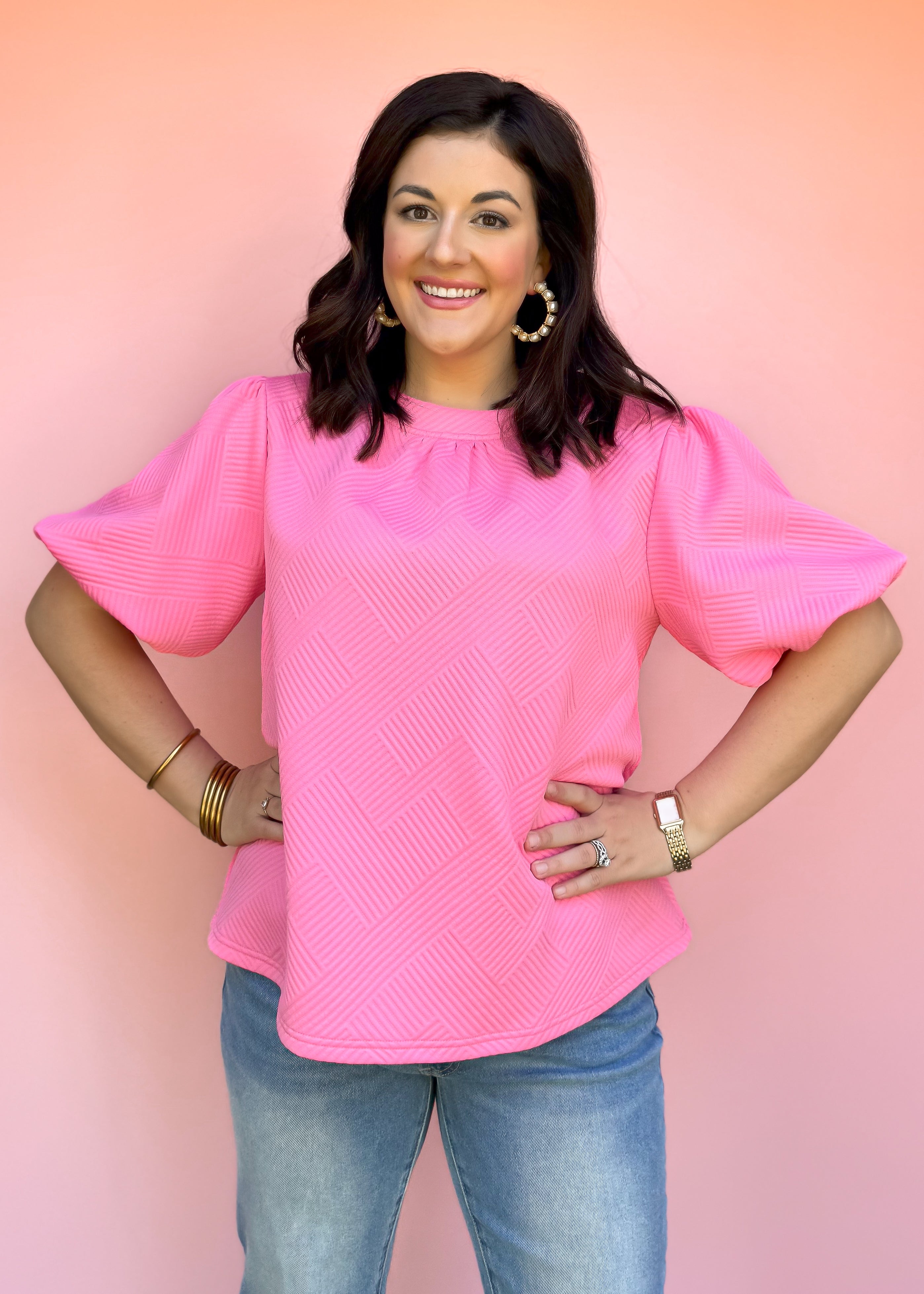 Marleigh Bubble Sleeve Textured Top, Pink