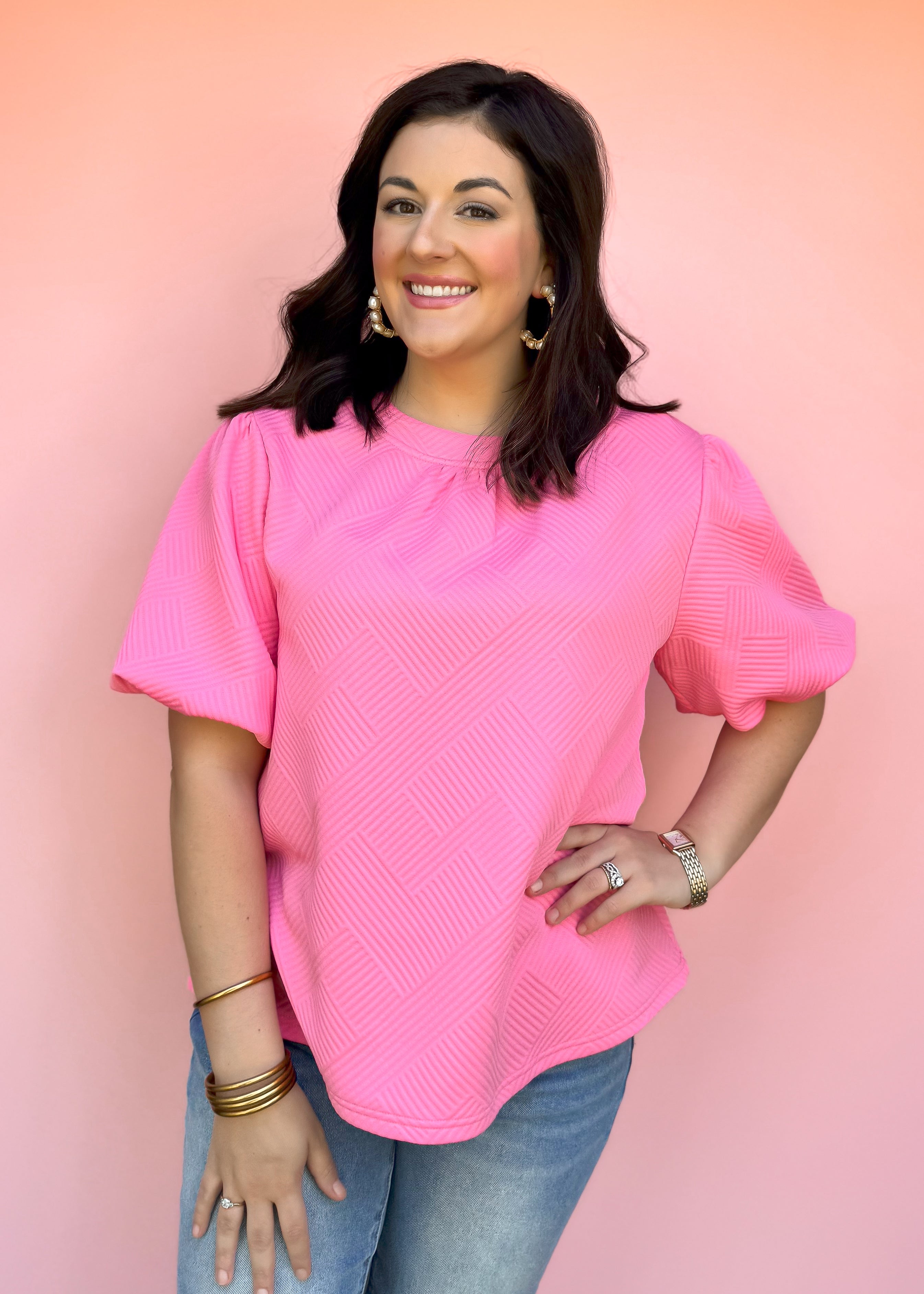 Marleigh Bubble Sleeve Textured Top, Pink