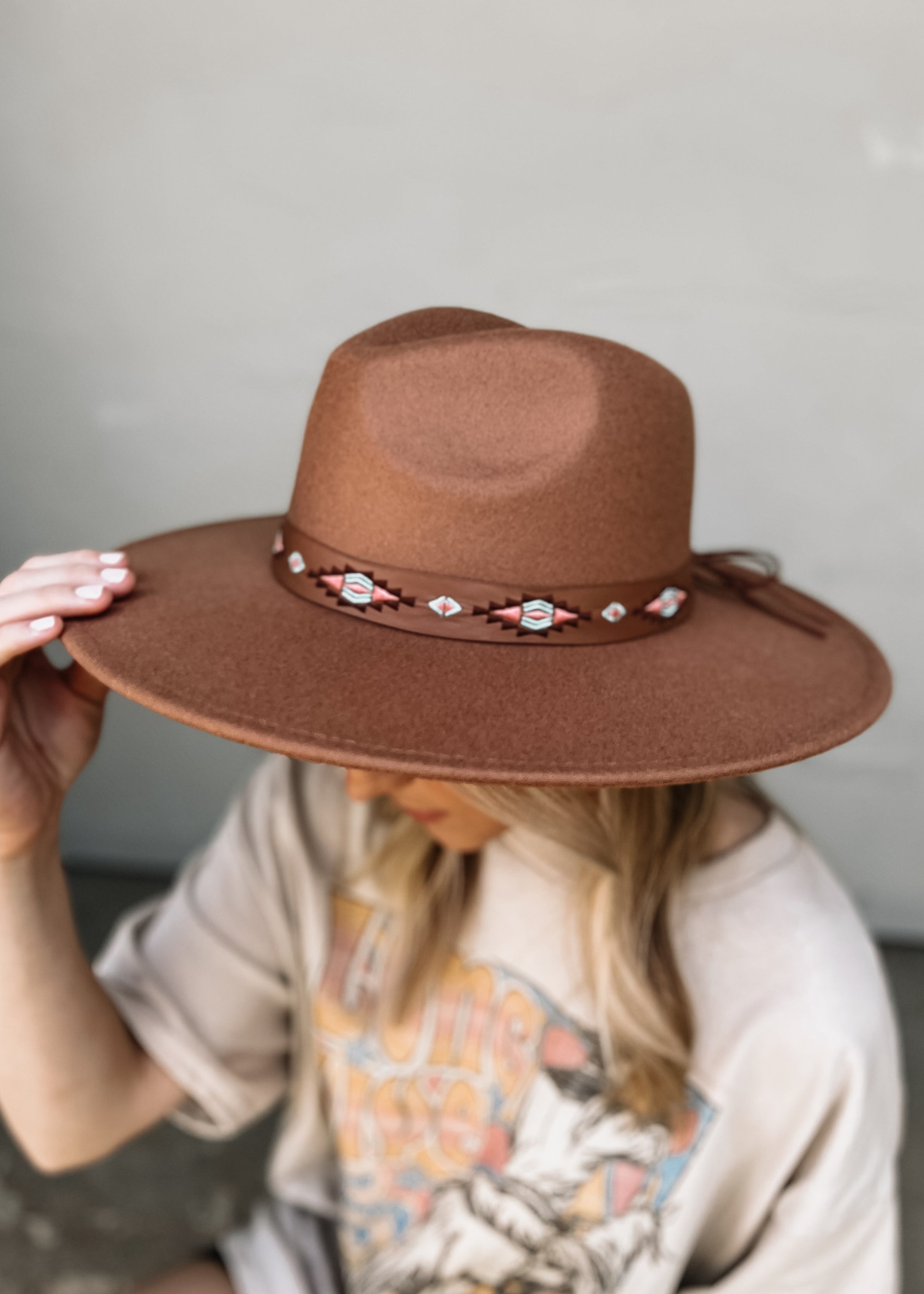 Felt Hat with Tribal Print Band, Brown