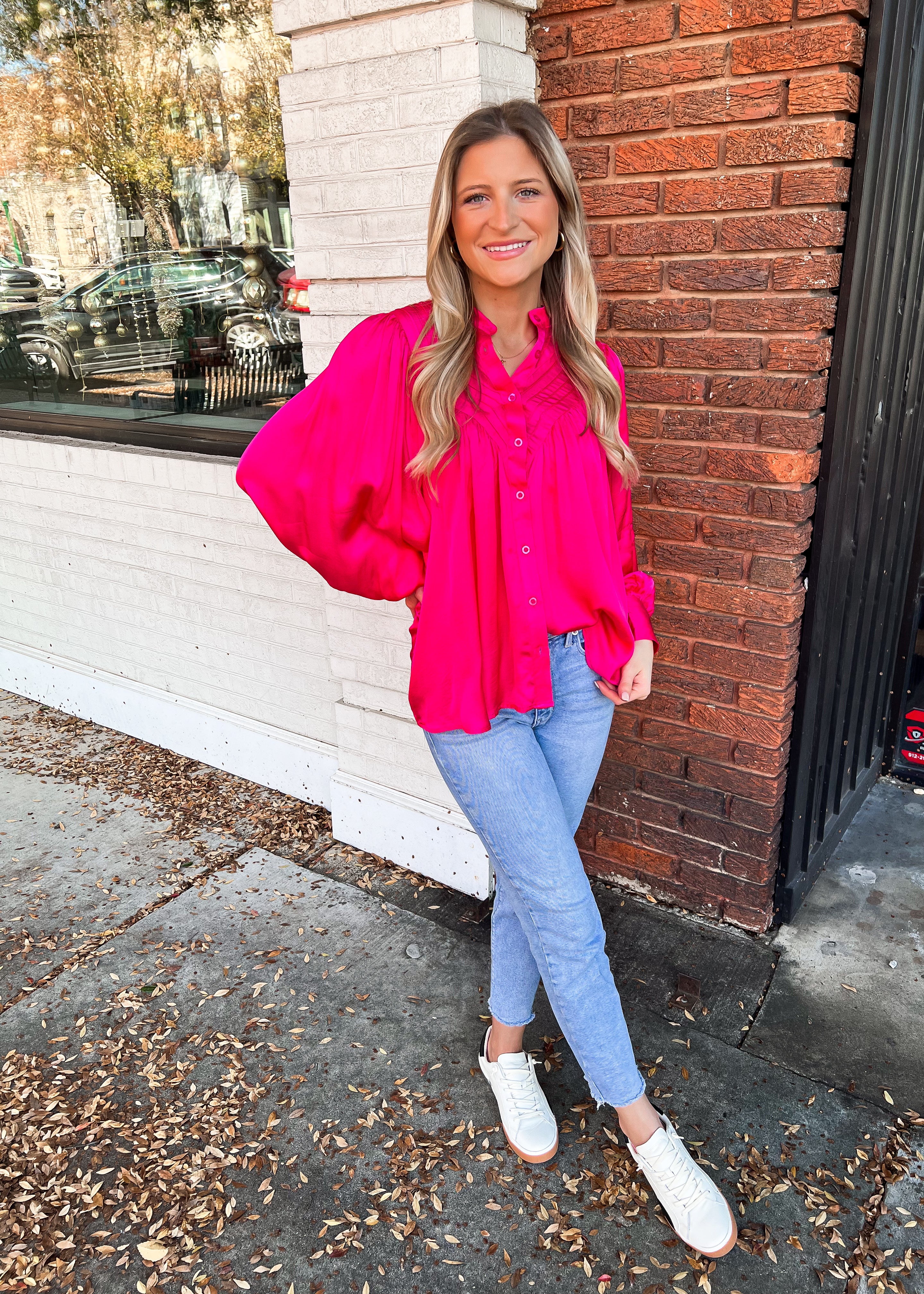 Karlie: Satin Pleated Button Up Top
