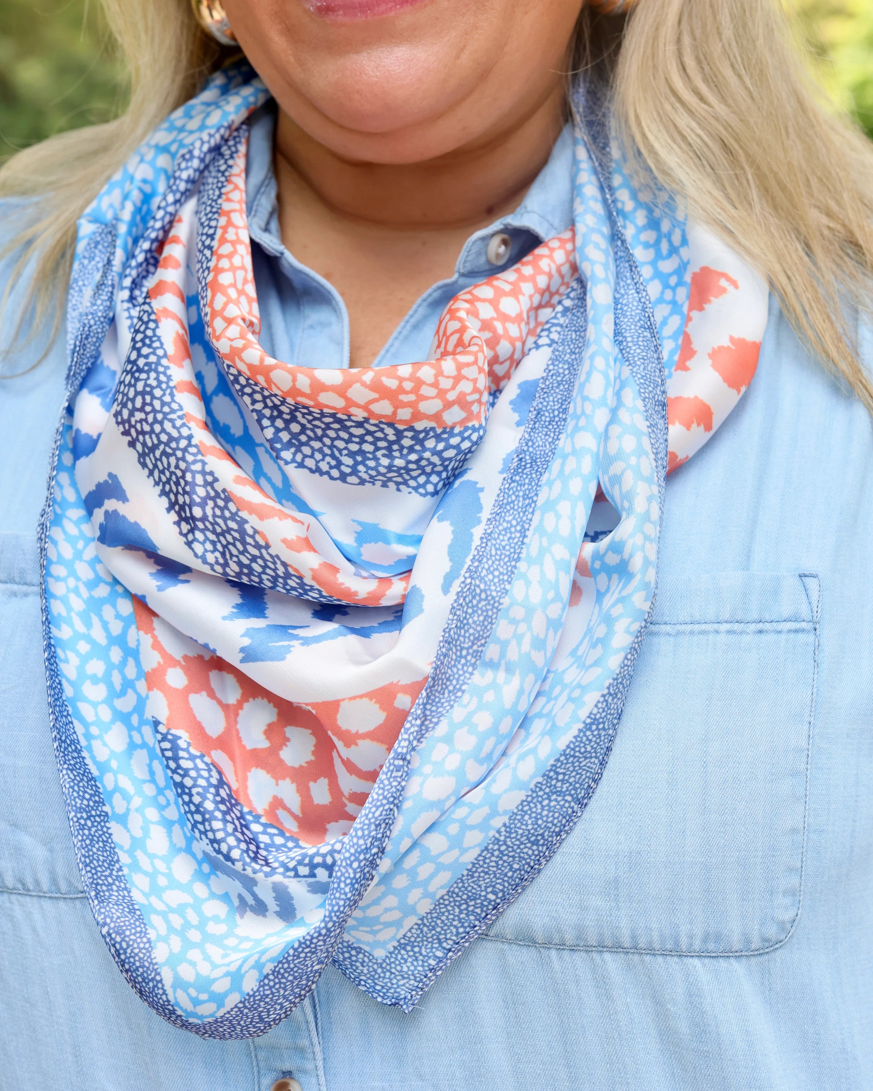 Caroline Hill: Mara Animal Print Blue and Orange Scarf