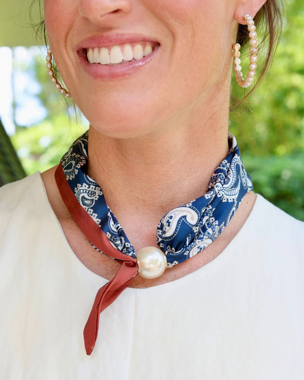 Caroline Hill: Navy Paisley Pearl Scarf Necklace