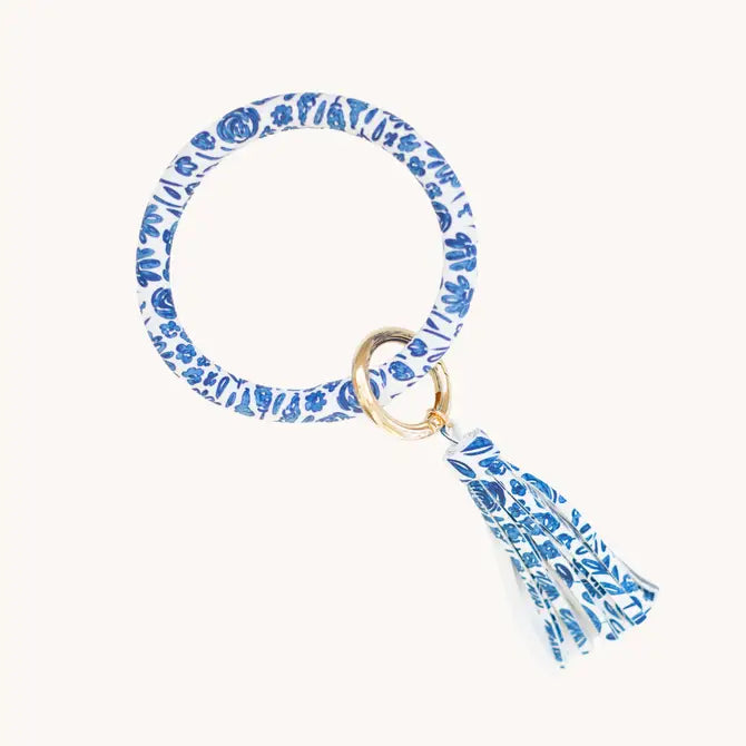 Ring Keychain with Tassel, Porcelain Floral