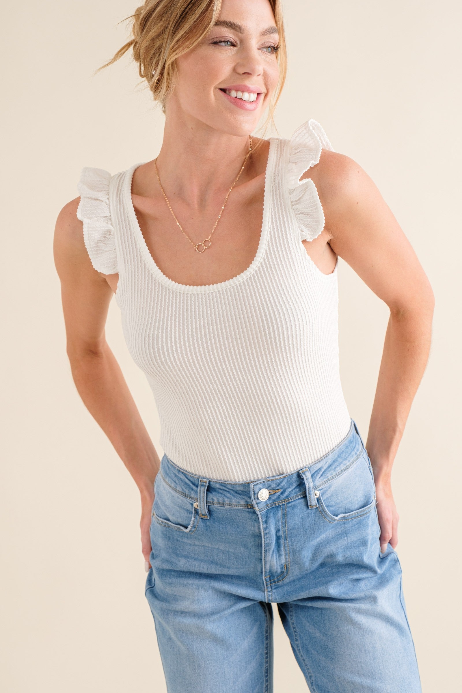 Textured Ribbed Bodysuit, Off White