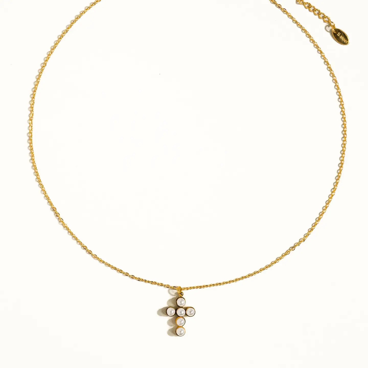 Flanerie: Faith Non-Tarnish Dainty Pearl Cross Necklace