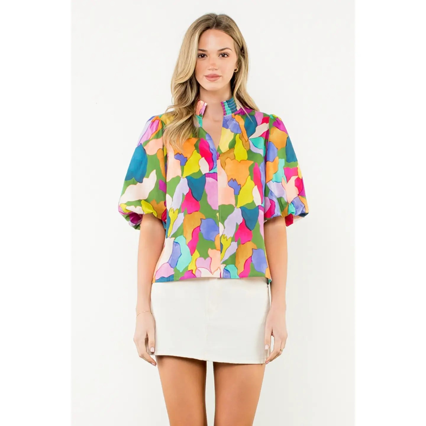 THML: Wendy Smocked Neck Puff Sleeve Print Top