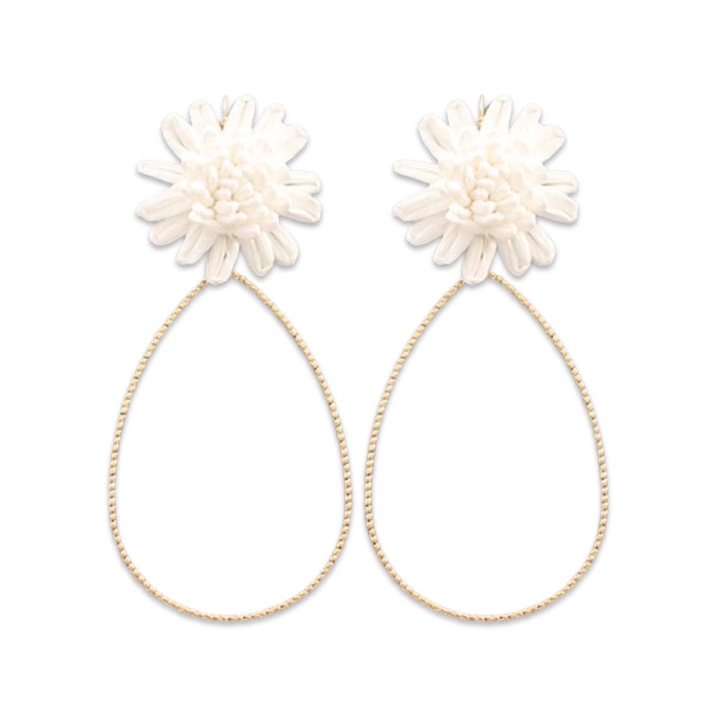 Pierce + Hide: White Raffia Flower Teardrop Earrings