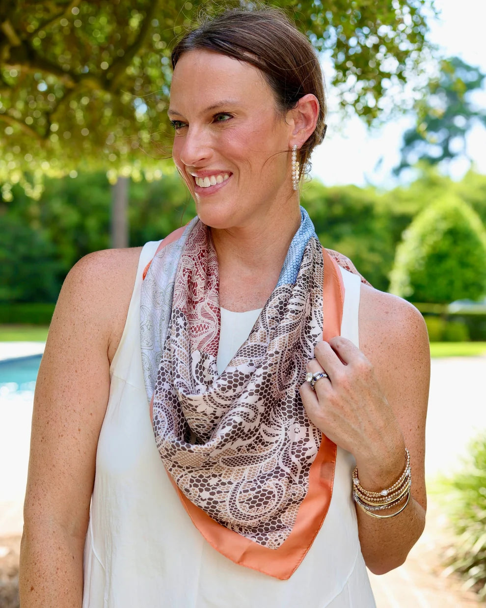 Caroline Hill: Lydia Lace Print Scarf Orange Multi