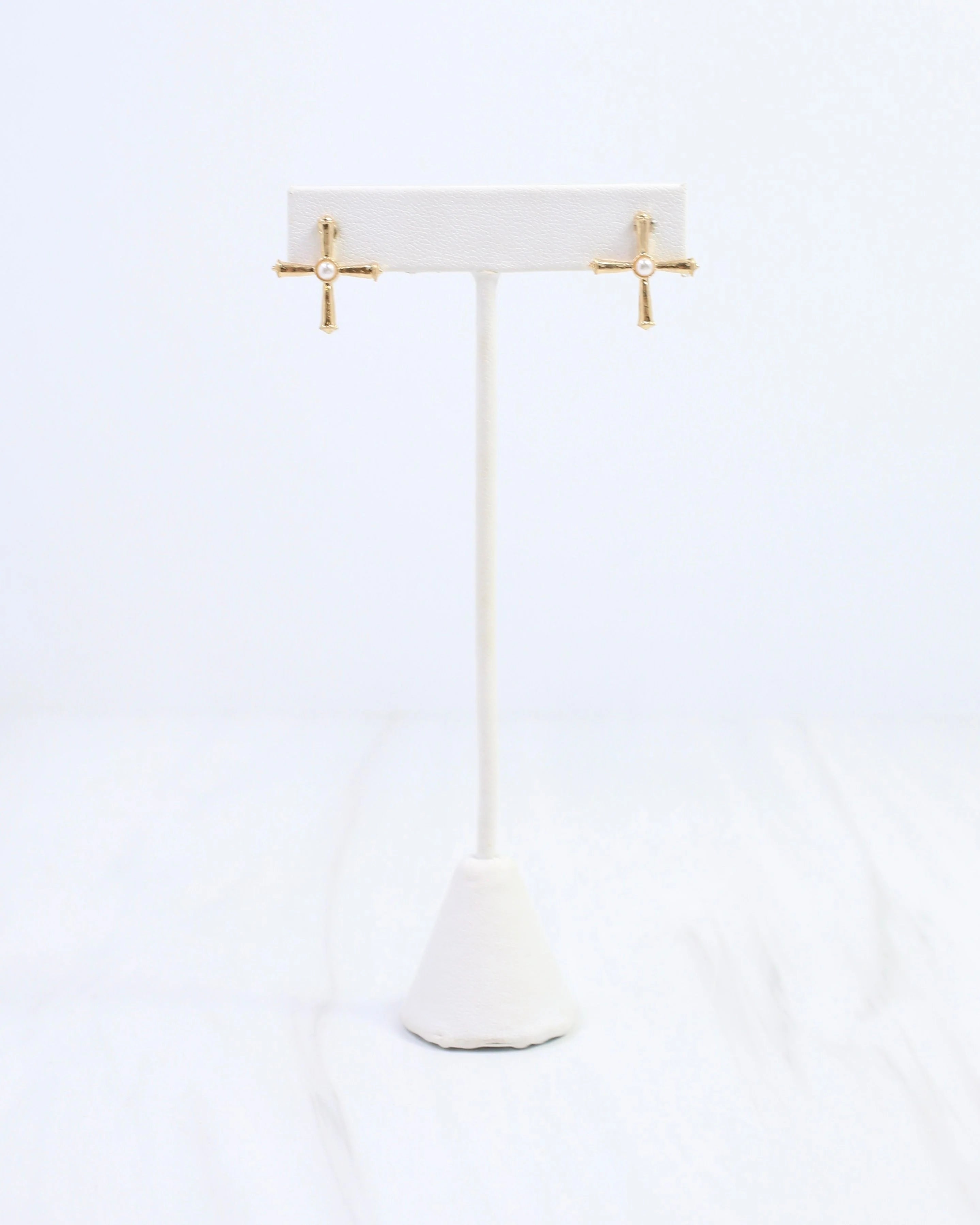 Caroline Hill: Janet Pearl Cross Stud Earring Worn Gold