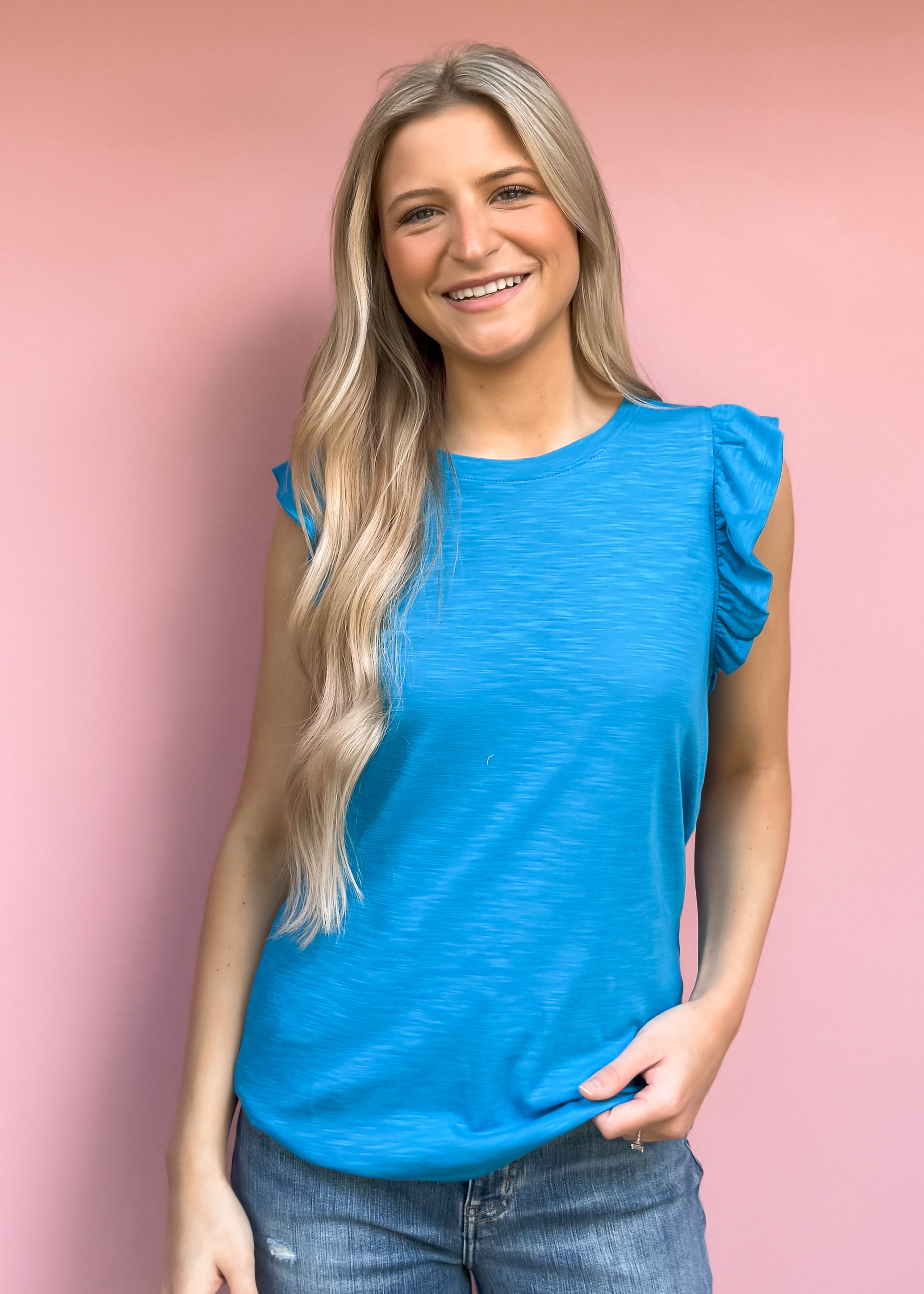 Another Love: North Ruffle Trimmed Top, Horizon Blue