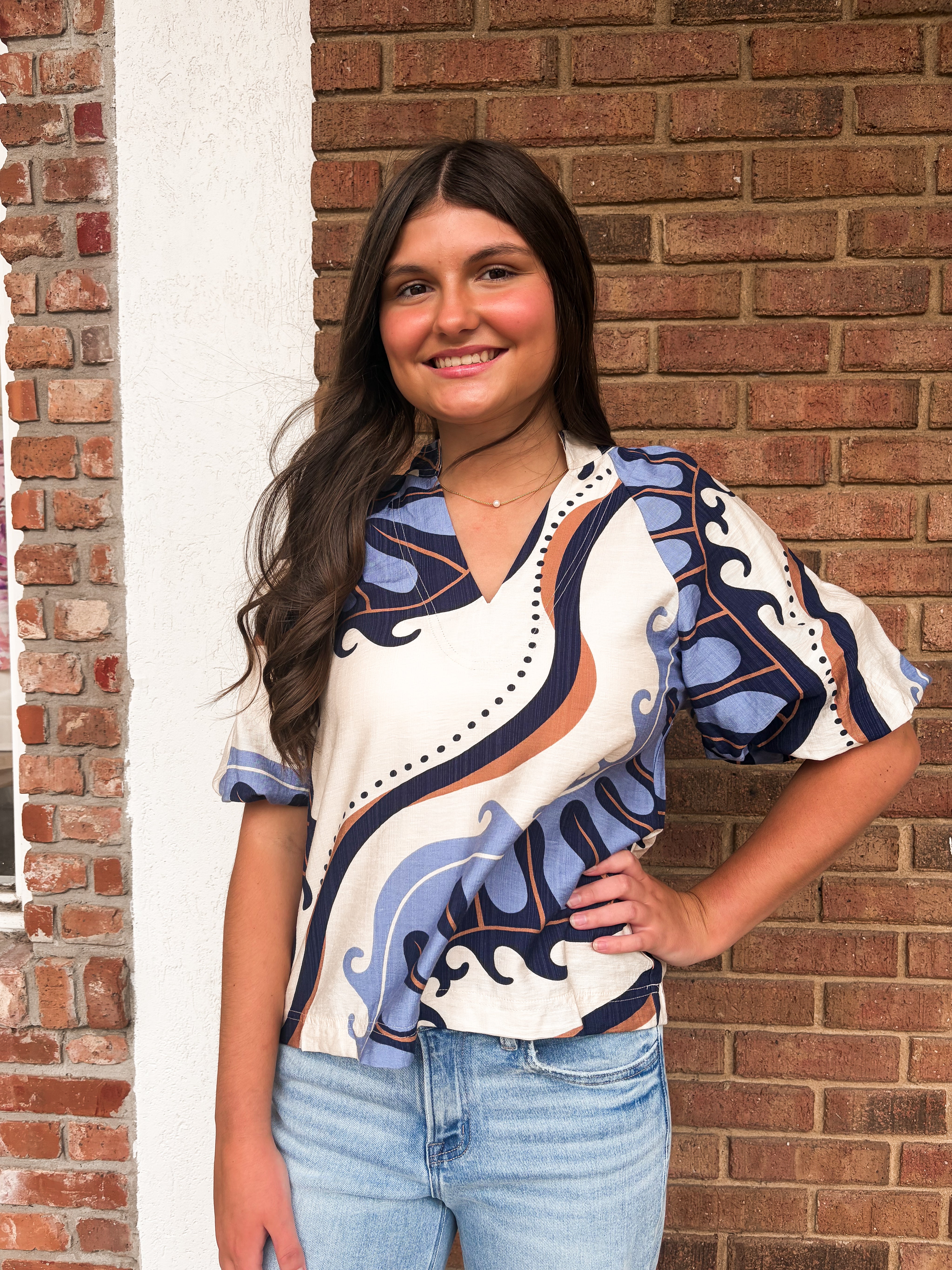 THML: Navy Abstract Puff Sleeve Top