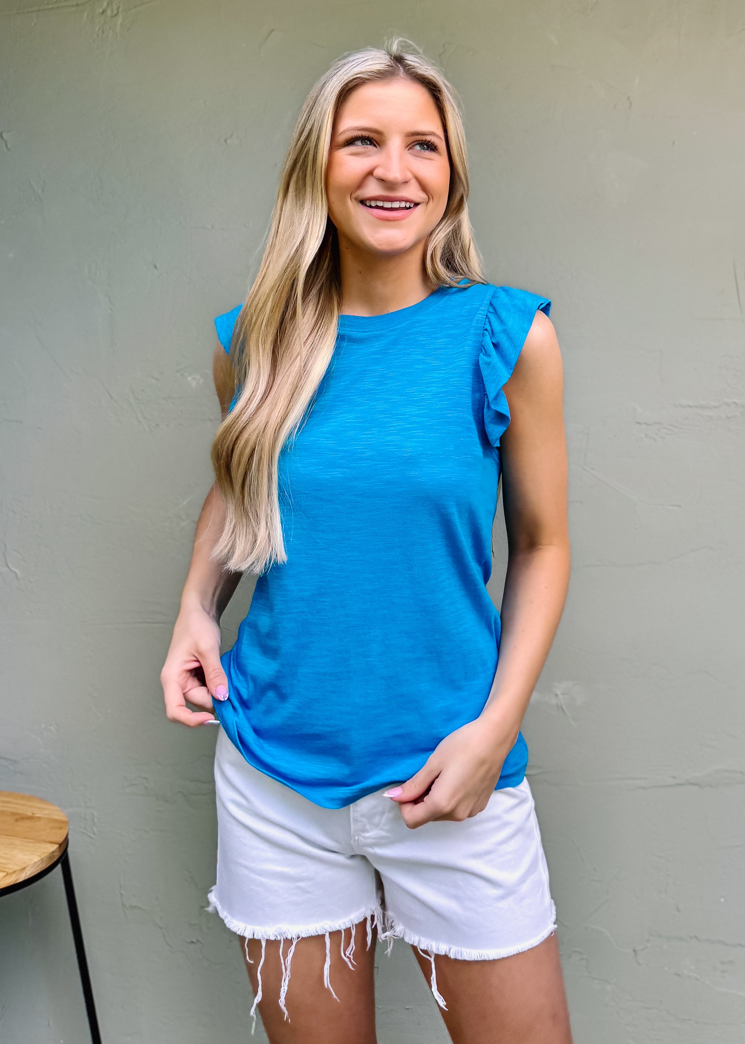 Another Love: North Ruffle Trimmed Top, Horizon Blue