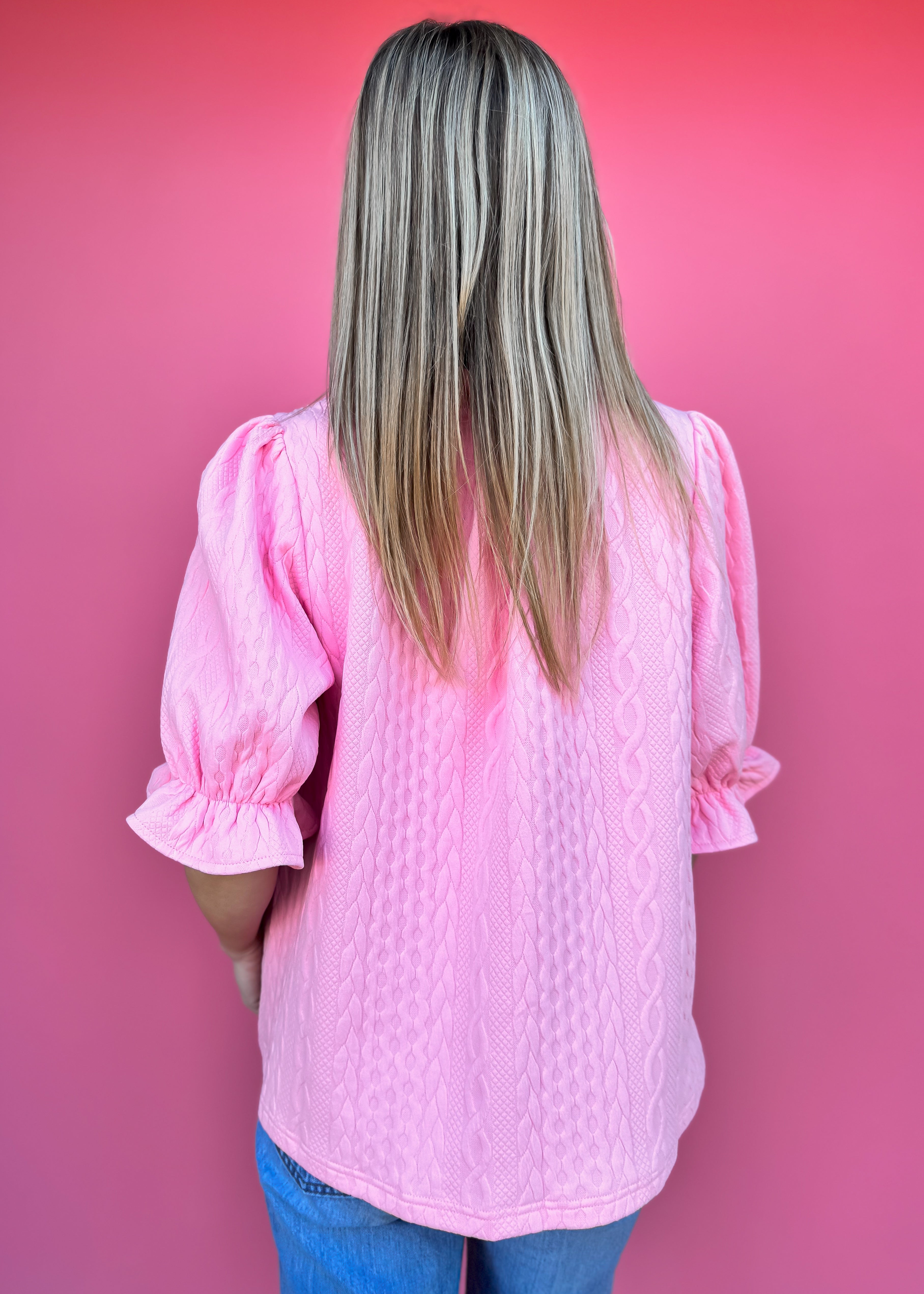 Ruffle Neck Textured Top, Pink