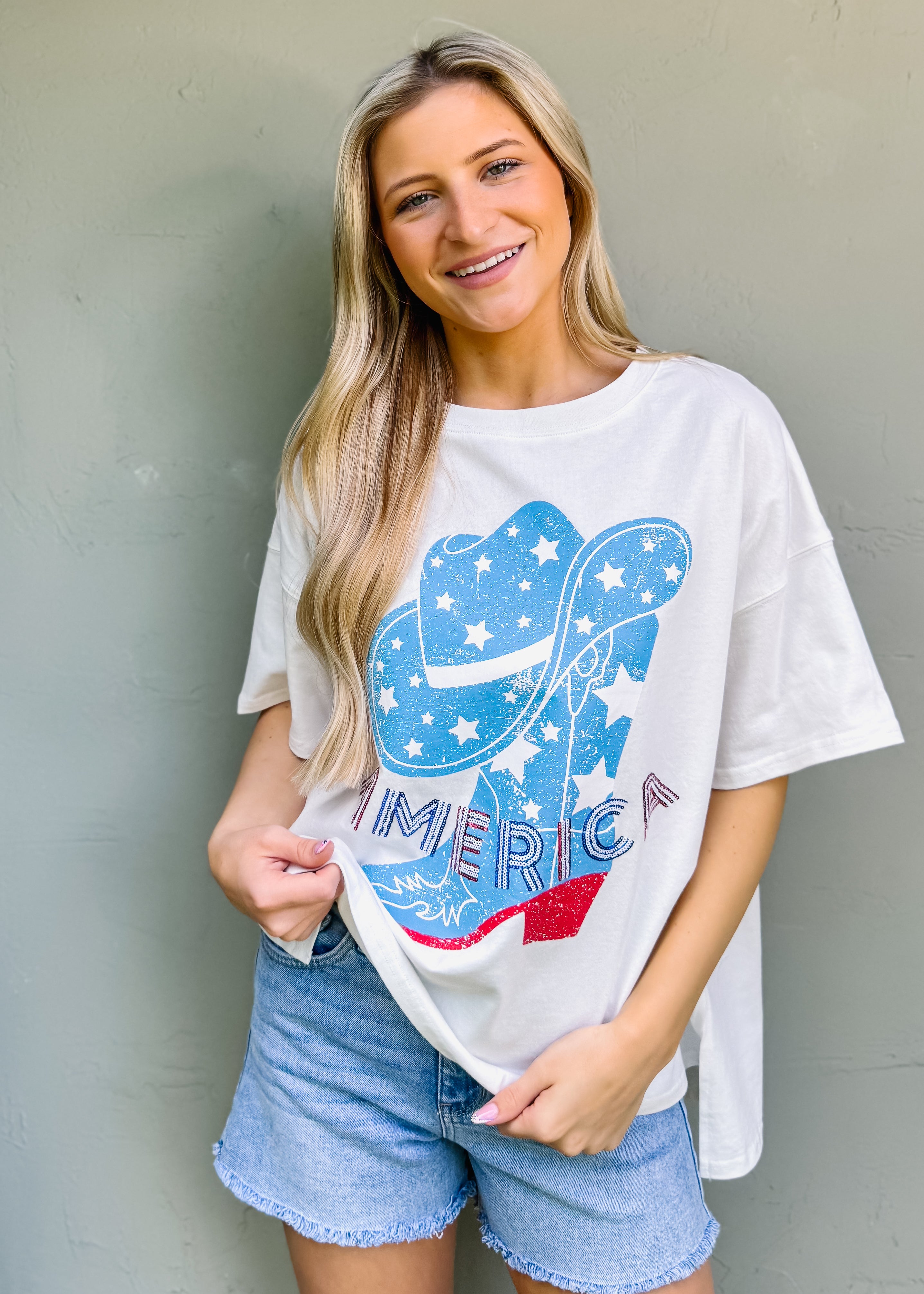 America Sequin Western Boots Graphic Tee