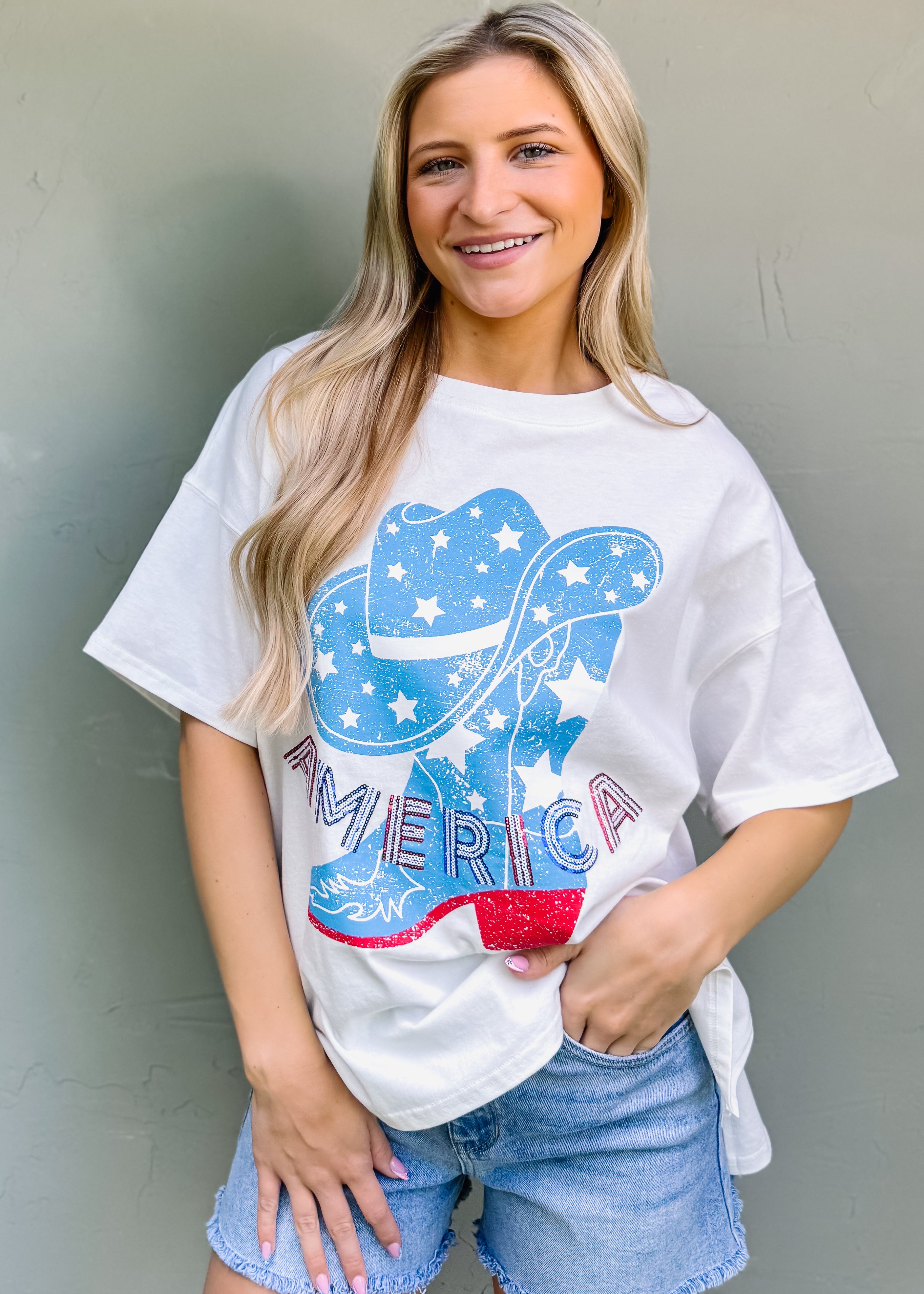 America Sequin Western Boots Graphic Tee