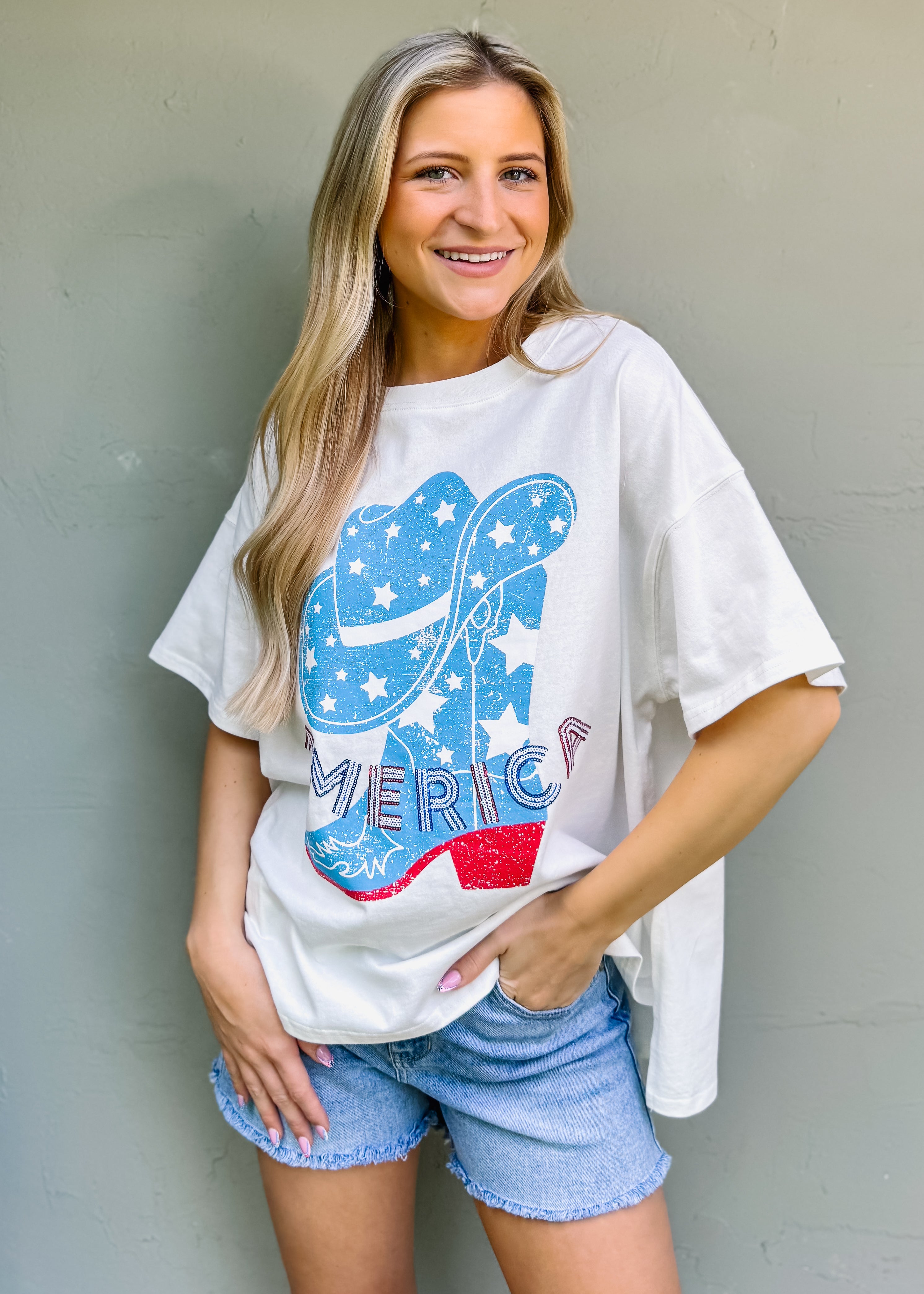 America Sequin Western Boots Graphic Tee