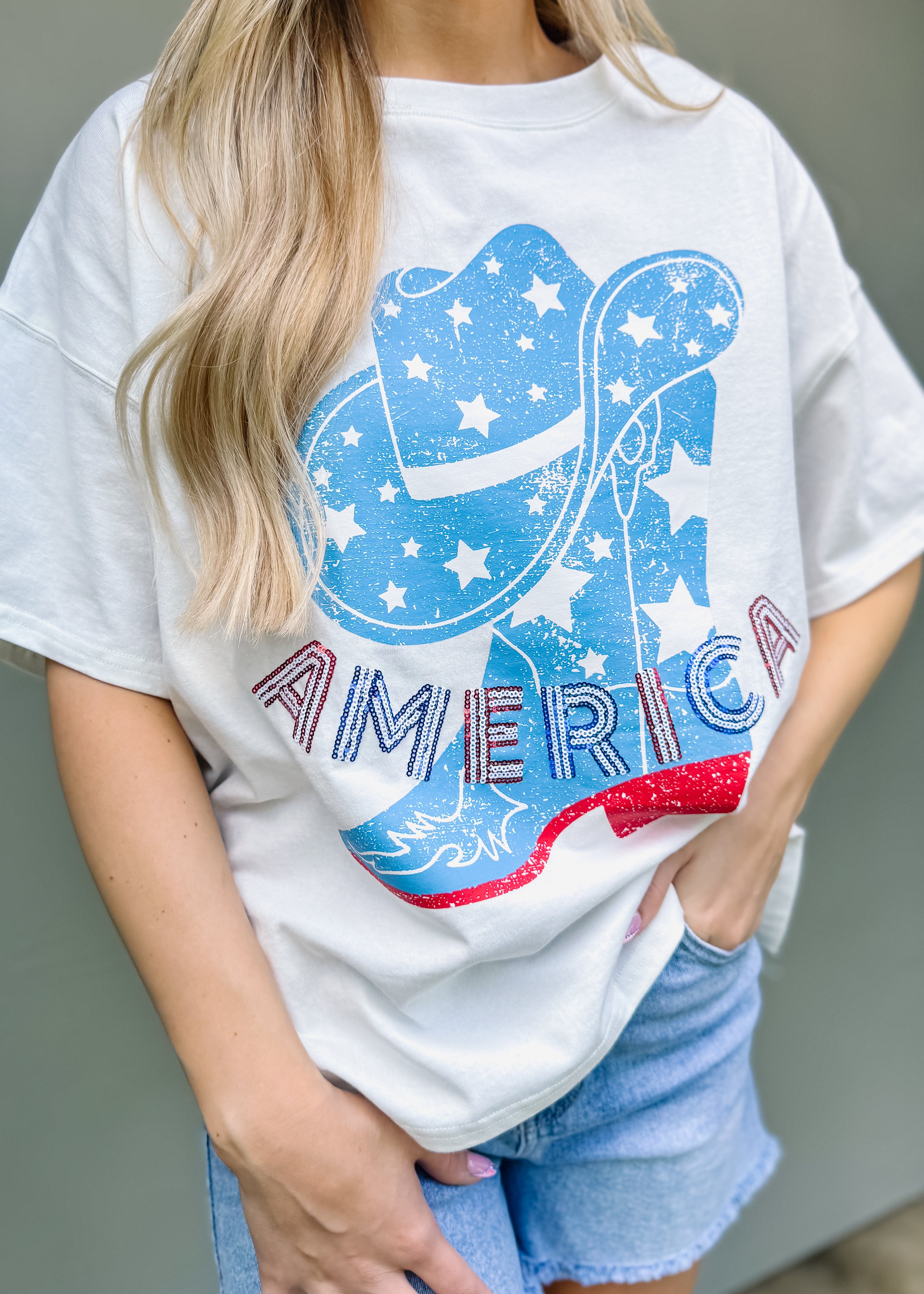 America Sequin Western Boots Graphic Tee