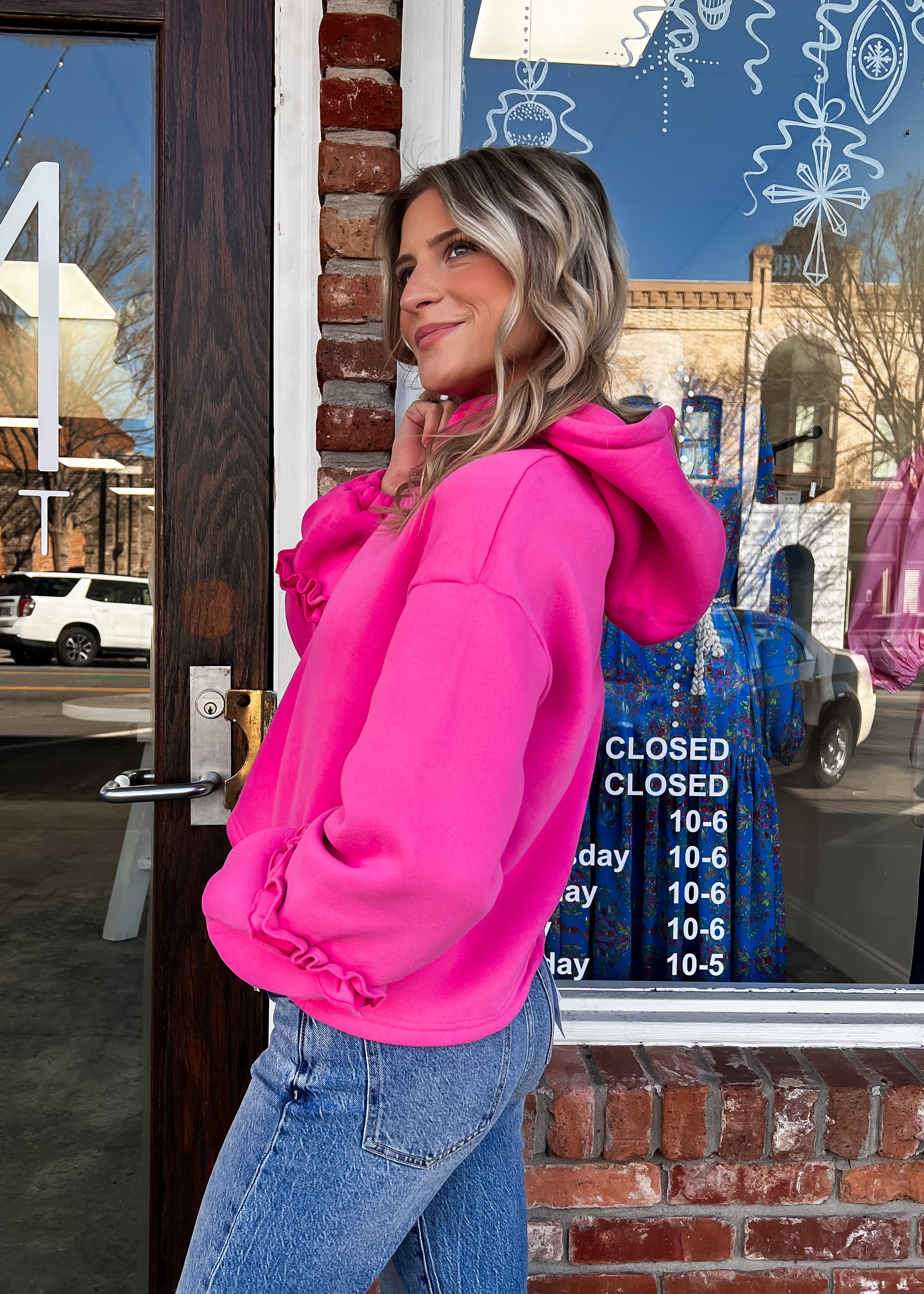 Pink Solid Hoodie With Ruffle Trim