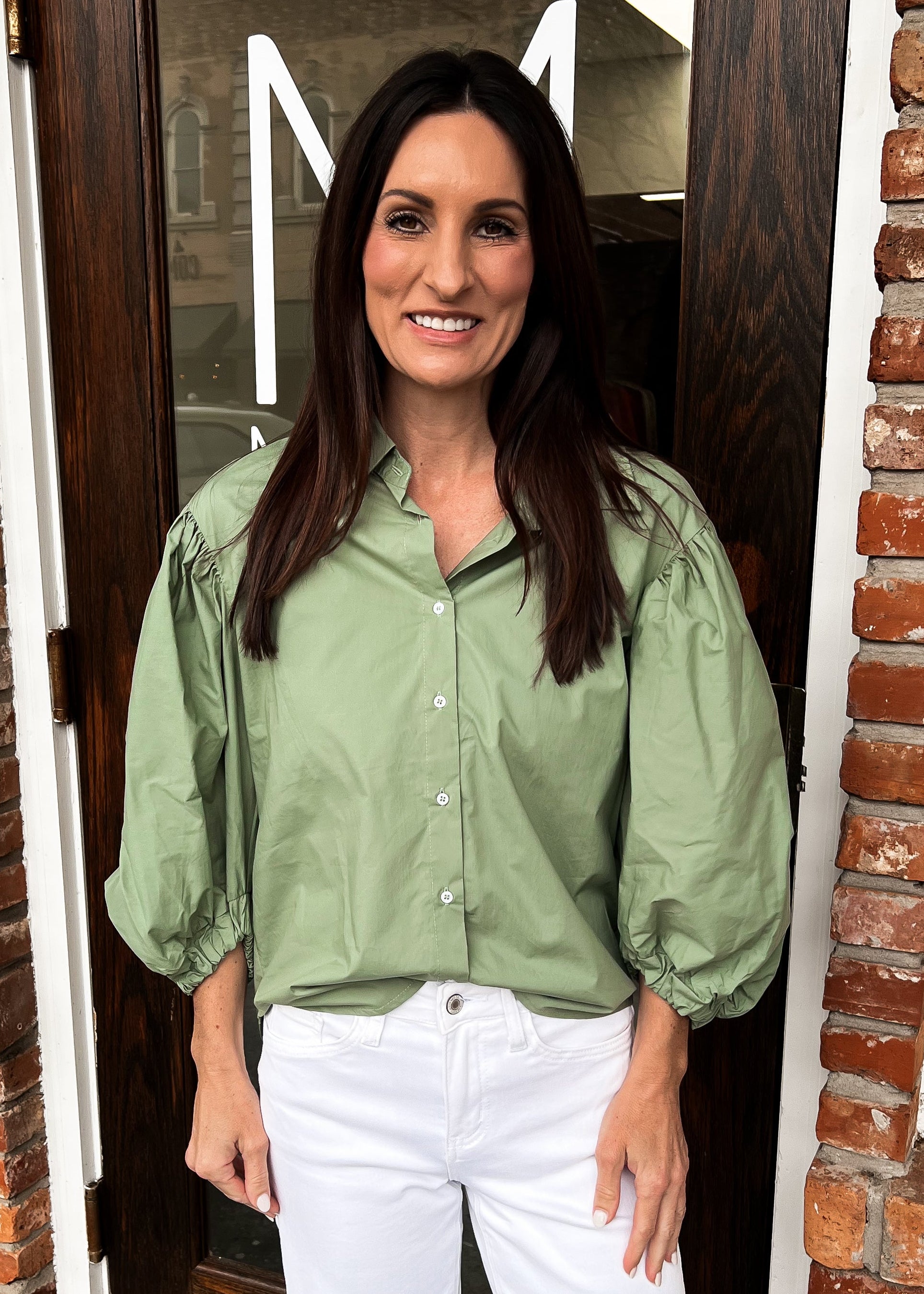 Karlie: Sage Poplin Button Top