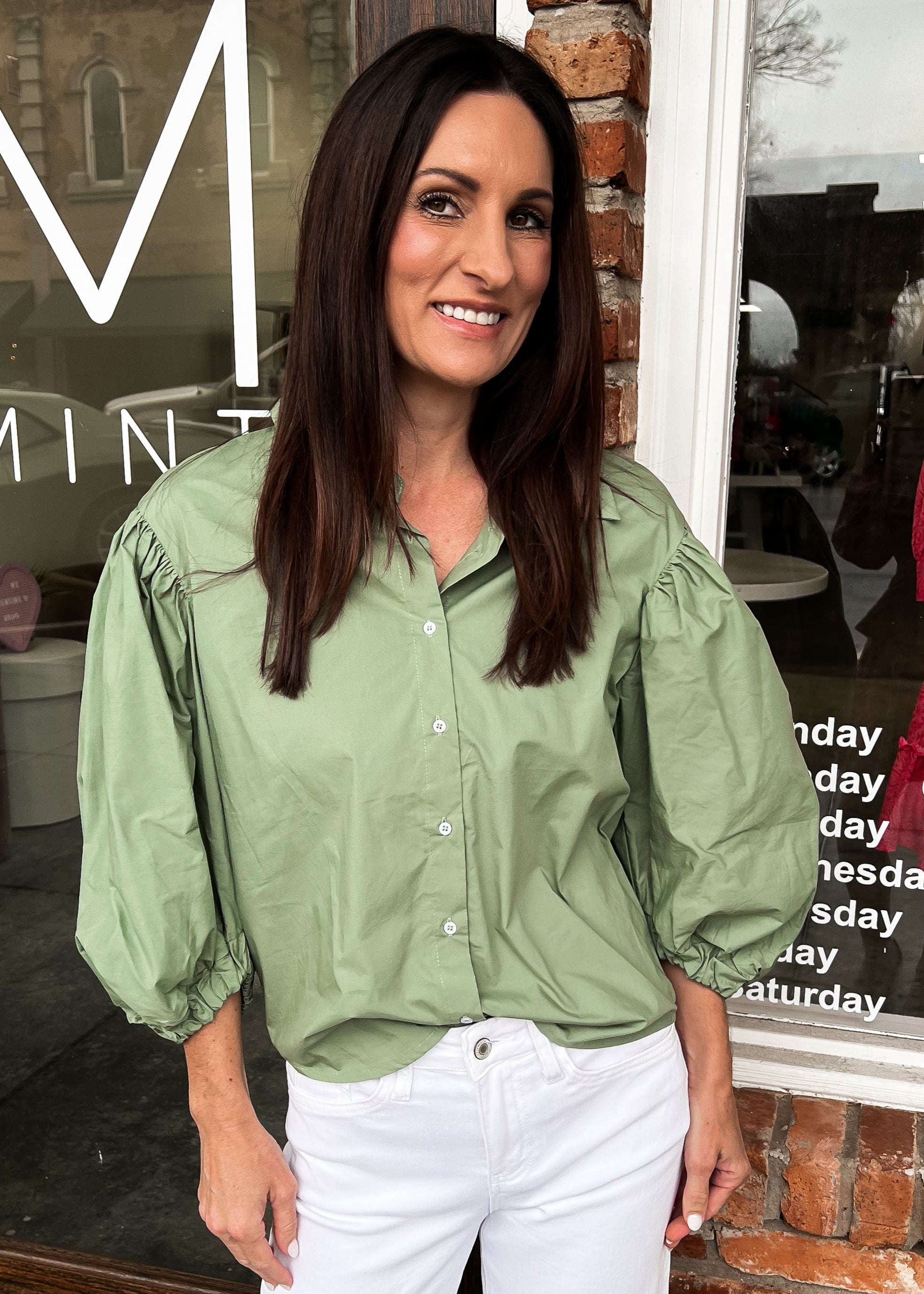 Karlie: Sage Poplin Button Top