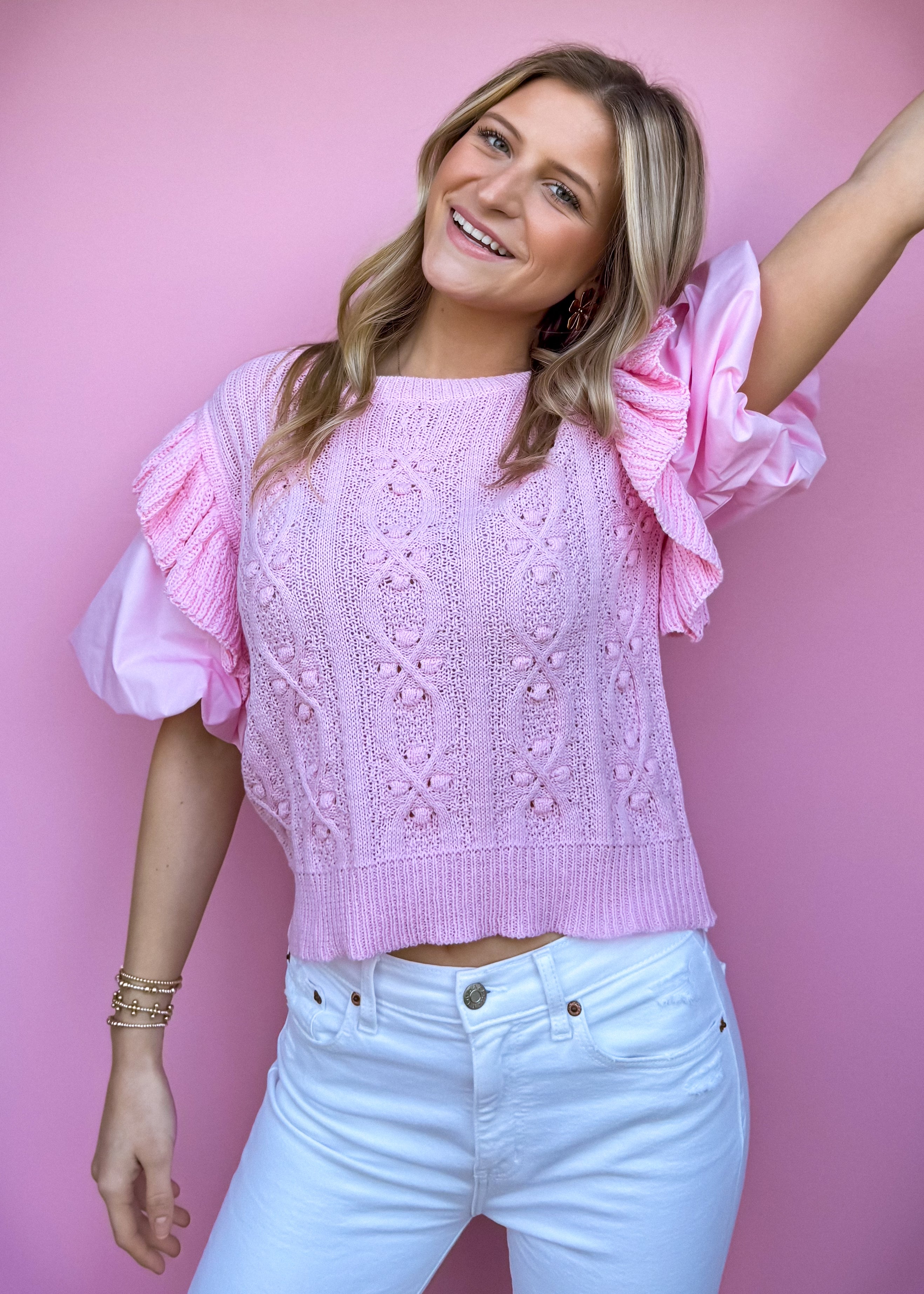 Poplin Sleeve Sweater Top, Pink