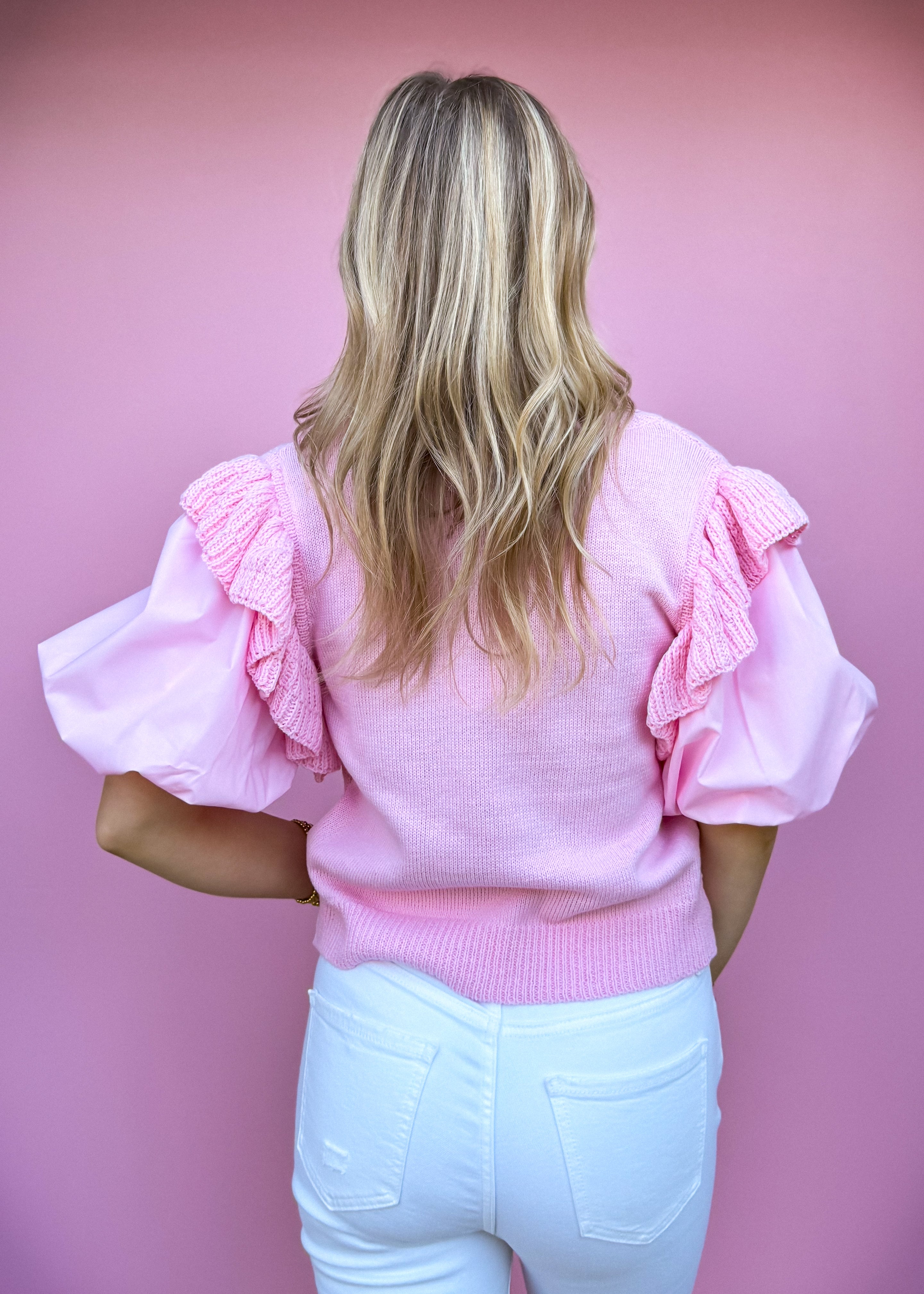Poplin Sleeve Sweater Top, Pink